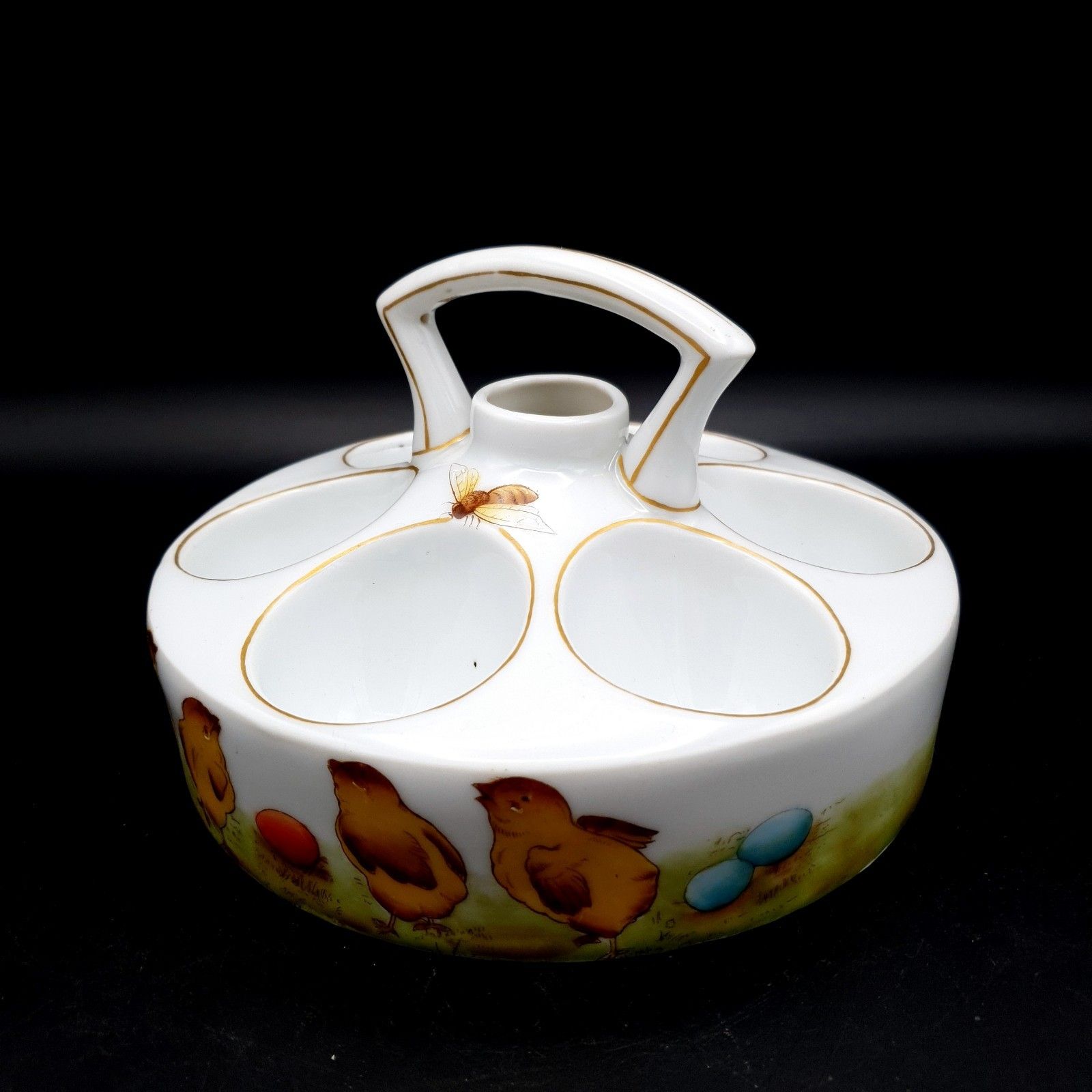 Rare Victorian Heated Egg Cruet Set Chicks & Eggs Ceramic For 6 Eggs L1800s Est