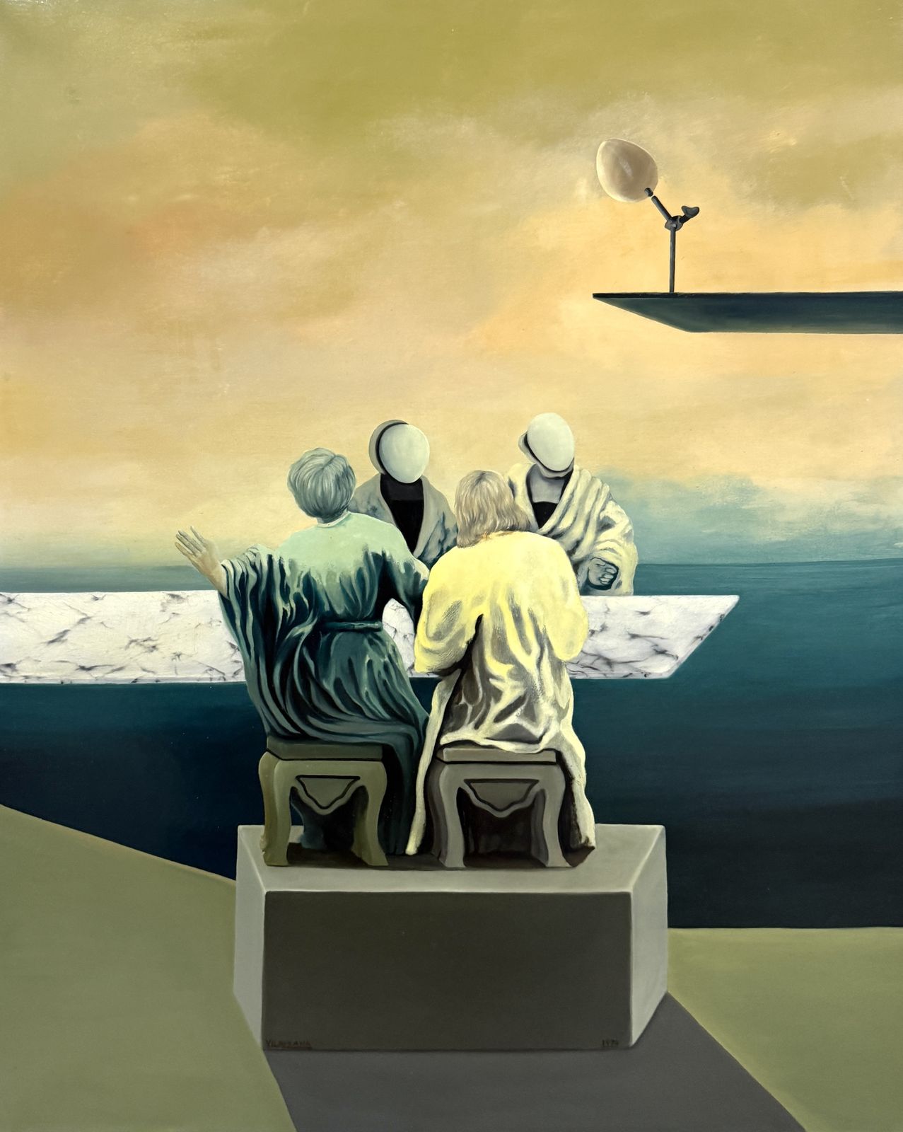 Francesc Vilaplana, peinture surréaliste espagnole à l'huile avec œuf cosmique et figures mythologiques, 1974