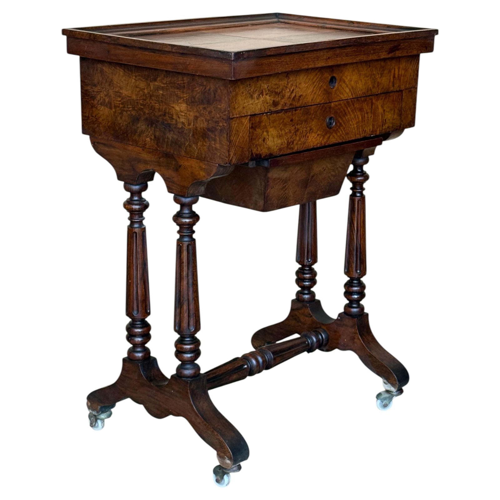 Antique Figured Wood Sewing Table With Fitted Interior And Mirror