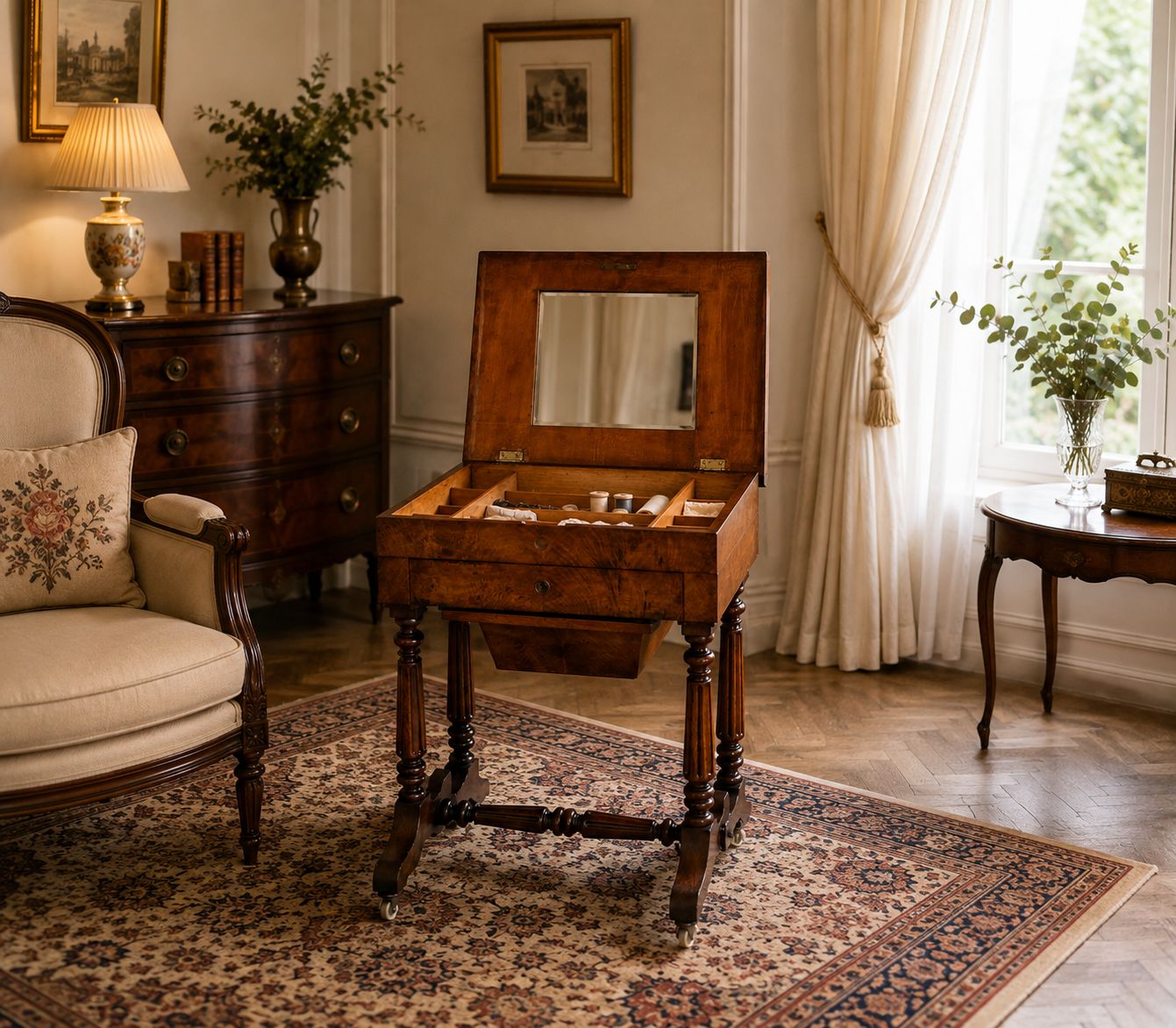 Table à ouvrage d'époque en bois figuré, intérieur aménagé et miroir photo furniture