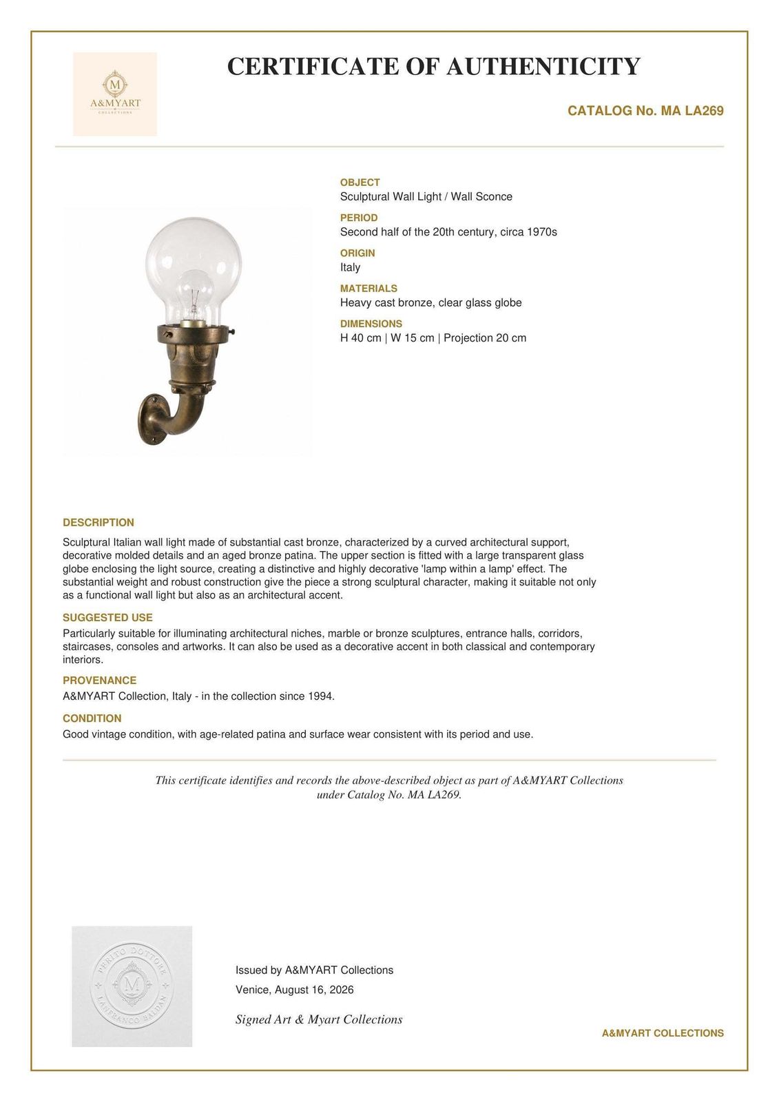 Sculpturaal zwaar bronzen wandlamp met grote heldere glazen bol, ca. 1970 photo vintage