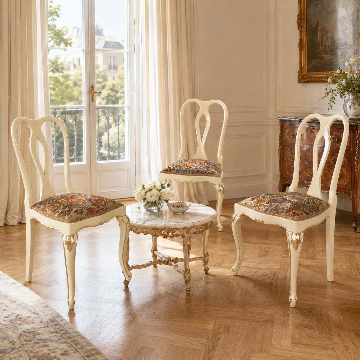 Meubels Set van Drie Venetiaanse Crèmelak en Verguld Walnoten Stoelen met Bloemen Bekleding photo