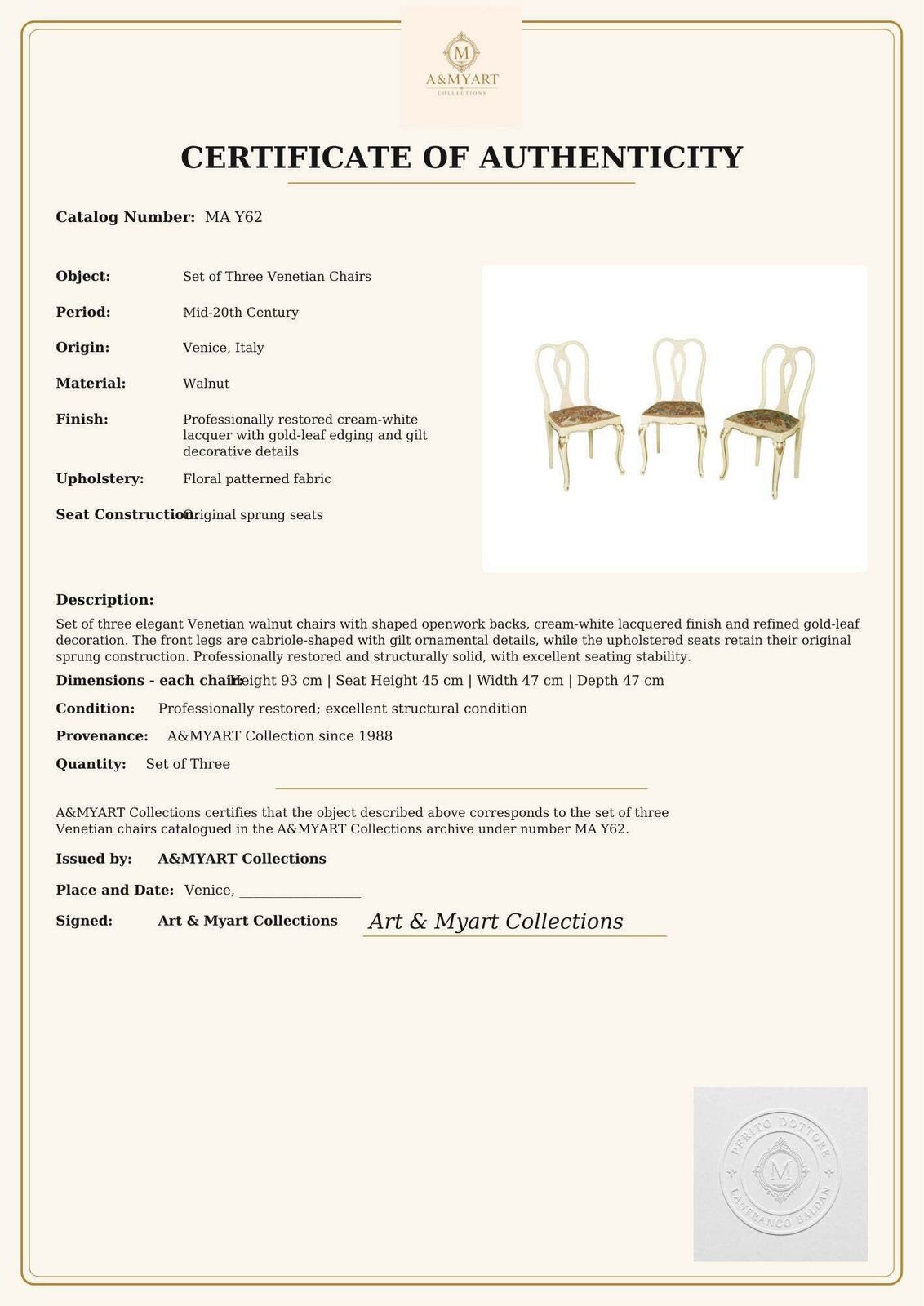 3578.0 Set Of Three Venetian Cream Lacquered And Gilded Walnut Chairs With Floral Upholstery photo