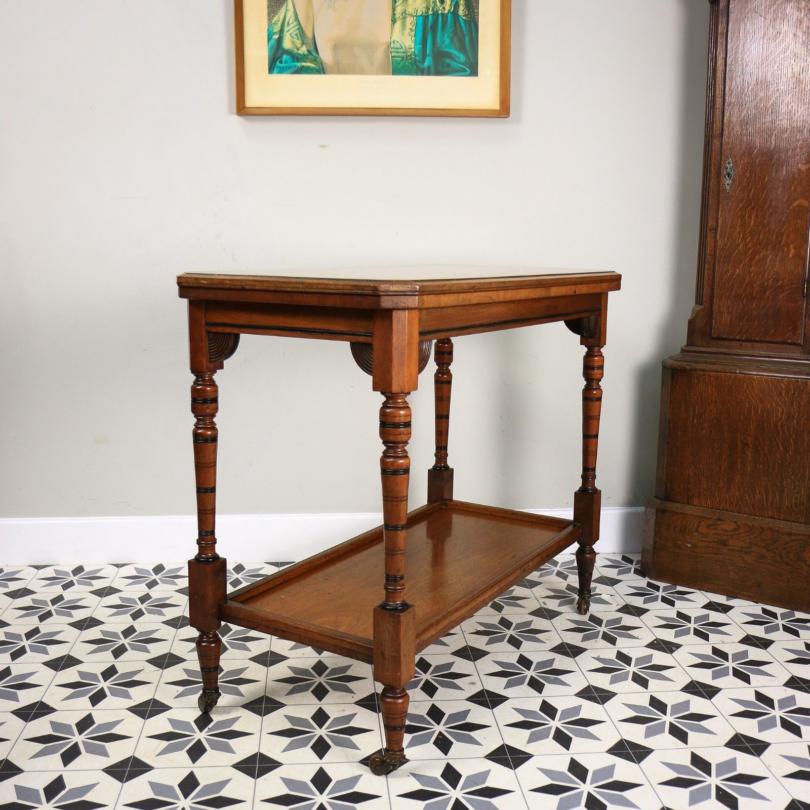349.0 Edwardian Mahogany Card Game Table Baize Top On Porcelain Castors photo