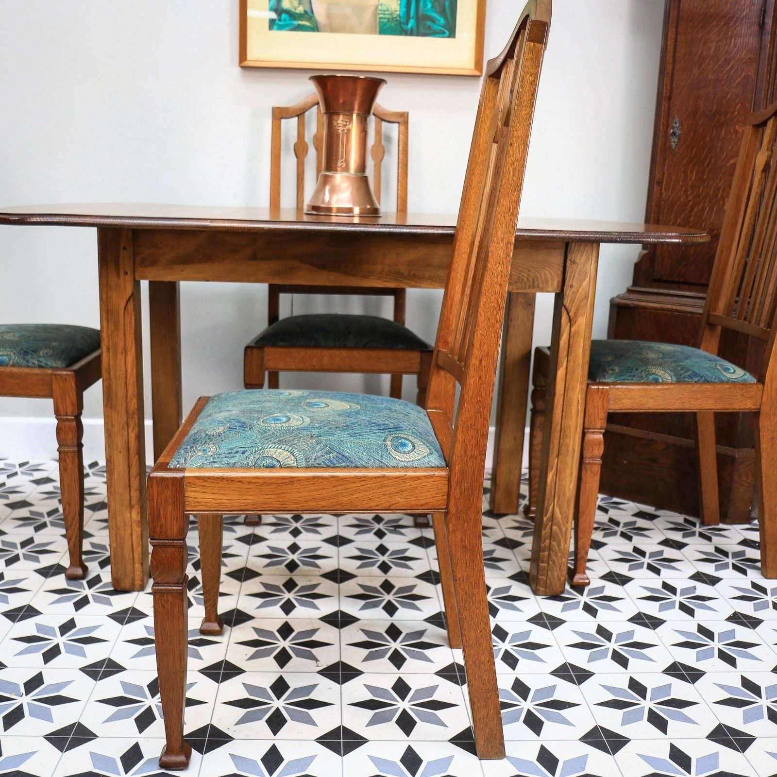 Arts And Crafts Dining Table And Liberty Chairs In Solid Oak With Liberty Fabric photo buy