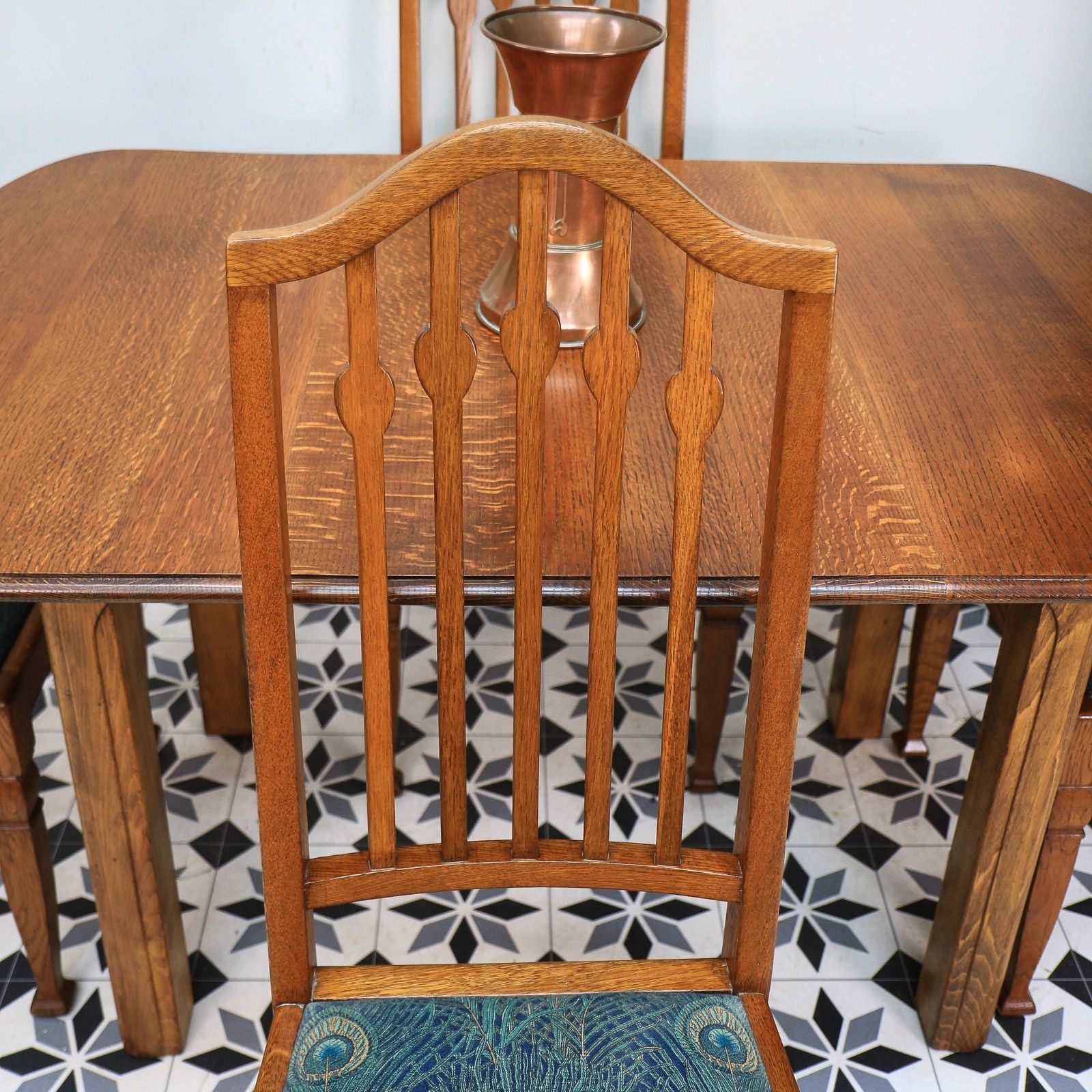 photo furniture Arts And Crafts Dining Table And Liberty Chairs In Solid Oak With Liberty Fabric