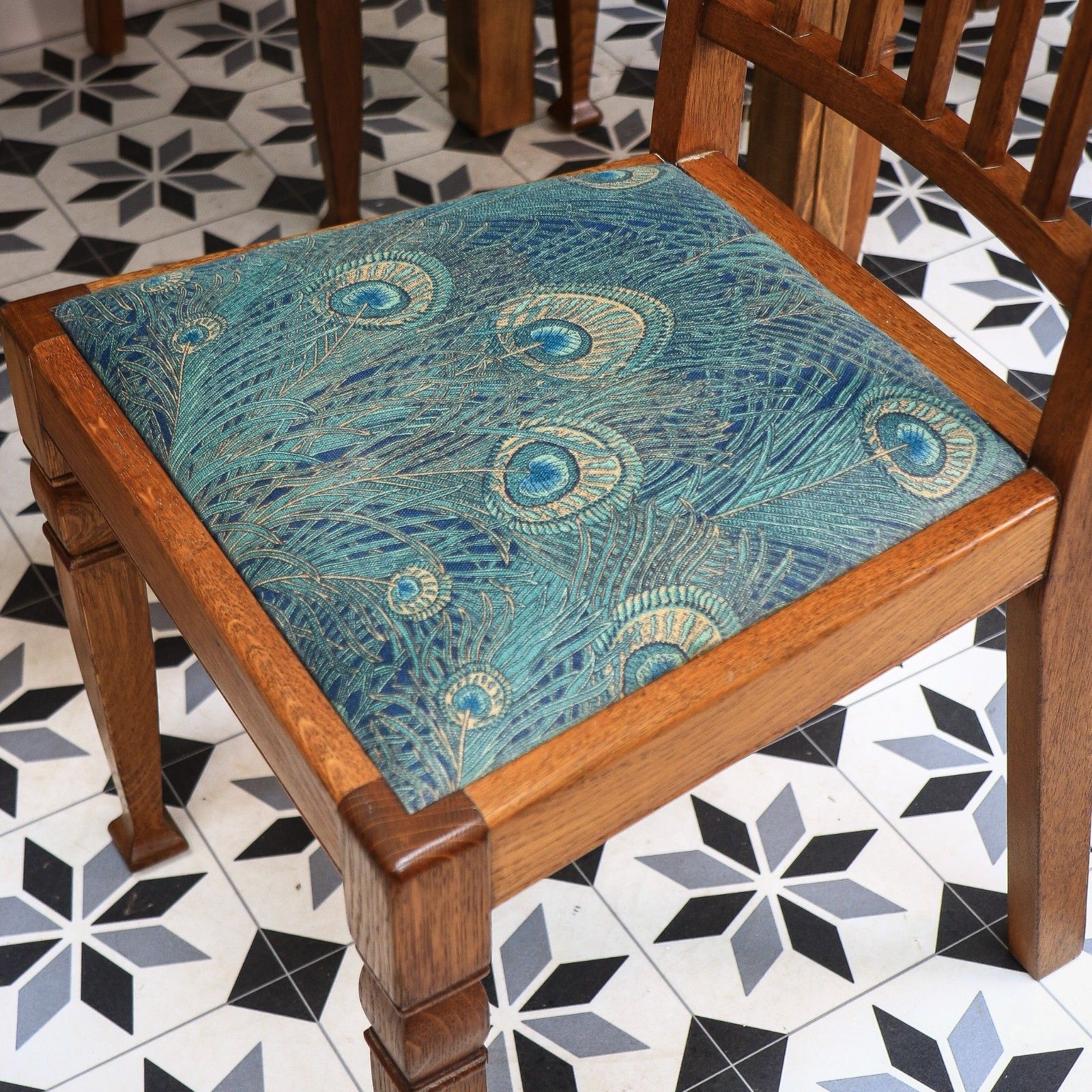 Furniture Arts And Crafts Dining Table And Liberty Chairs In Solid Oak With Liberty Fabric photo