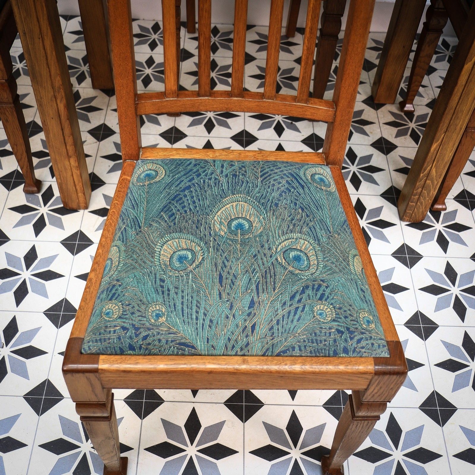 749.0 Arts And Crafts Dining Table And Liberty Chairs In Solid Oak With Liberty Fabric photo