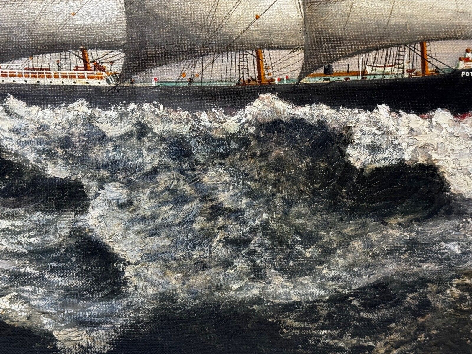 photo vinterior Large Nauticial Early 20th Century Oil Painting 5 Masted Sailing Ship Potosi Flying P Liner Cape Horn In Heavy Seas