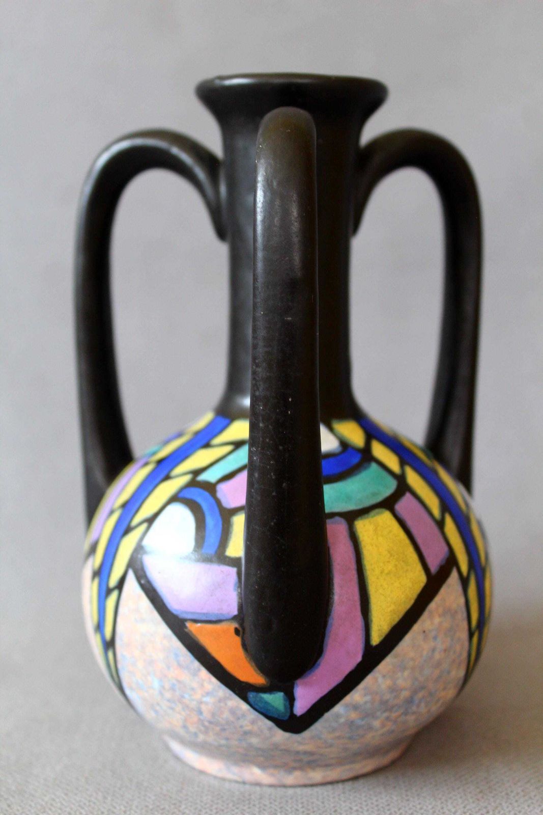 photo for sale Art Deco Circa 1920s Antoine Dubois Gouda Art Pottery Vase, Three Handles, Bergen Mons Belgium, Ceramic Vase, Bud Vase, Signed, Hand Painted