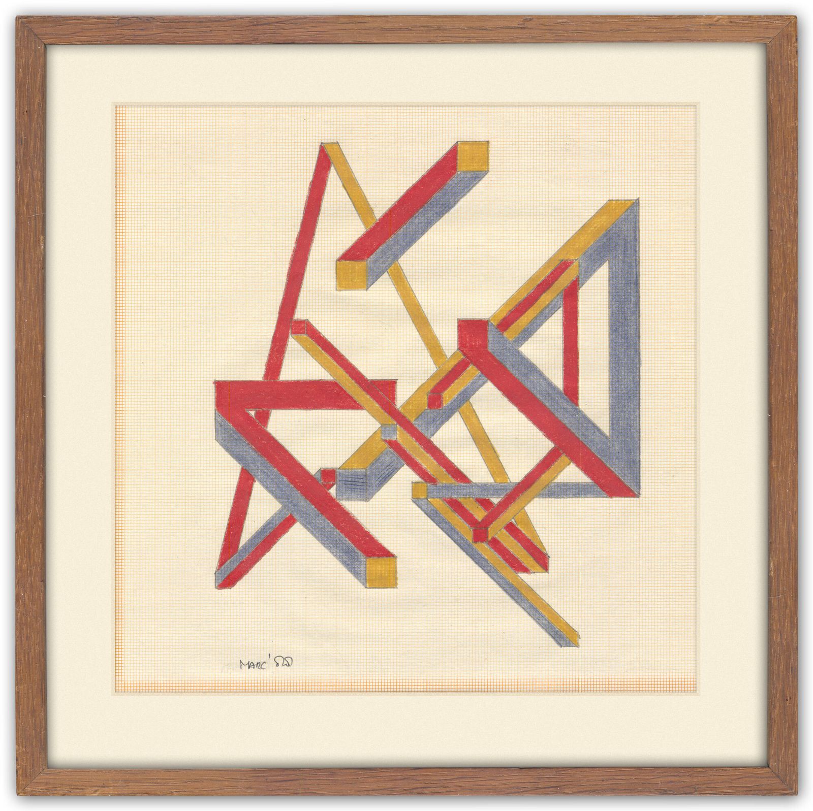 Cerebraal minimalistisch Nederlands geometrisch werk op papier, 1988