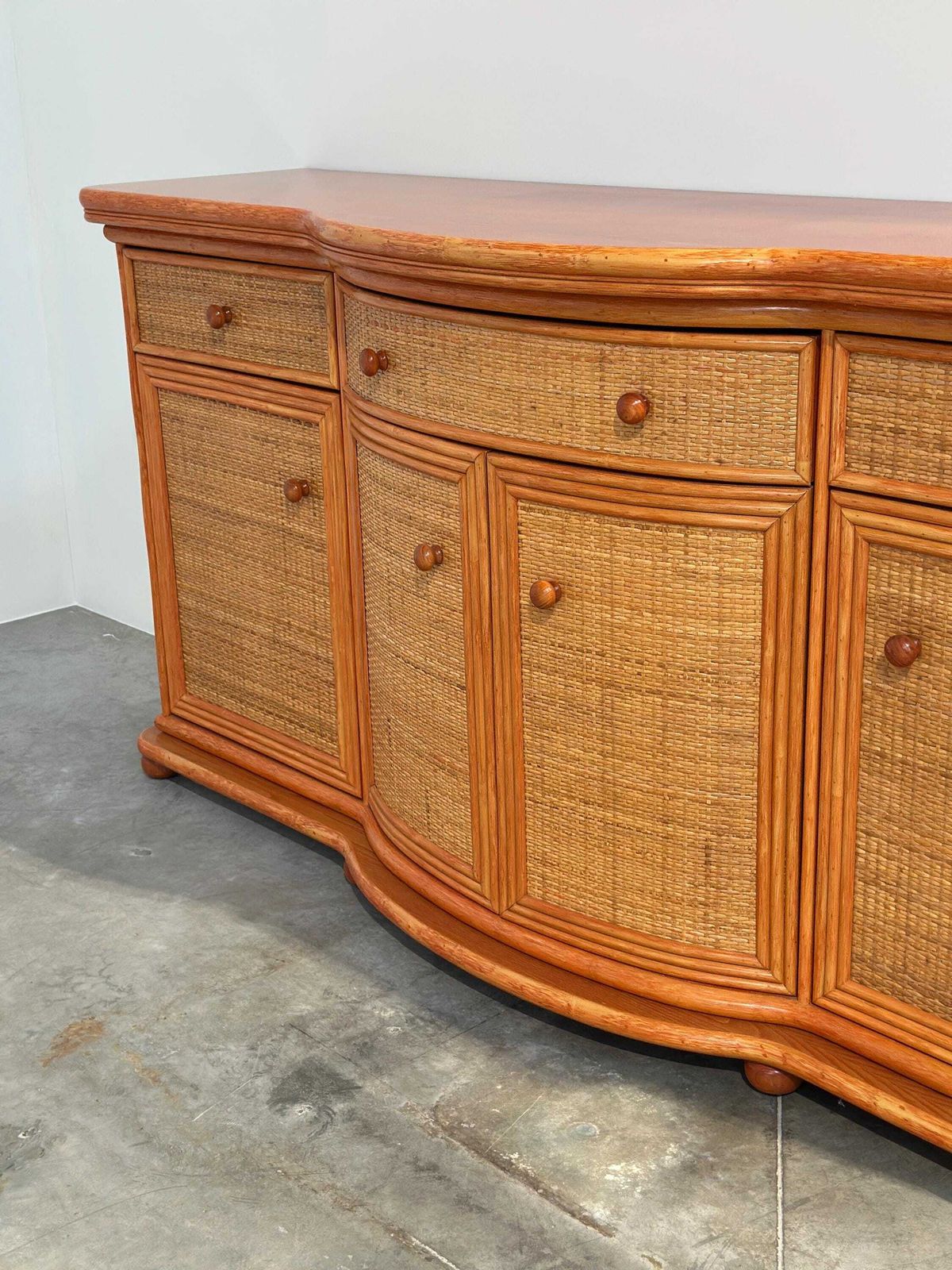 Furniture Vintage Rattan & Wood Orange Curved Sideboard, 1980s photo