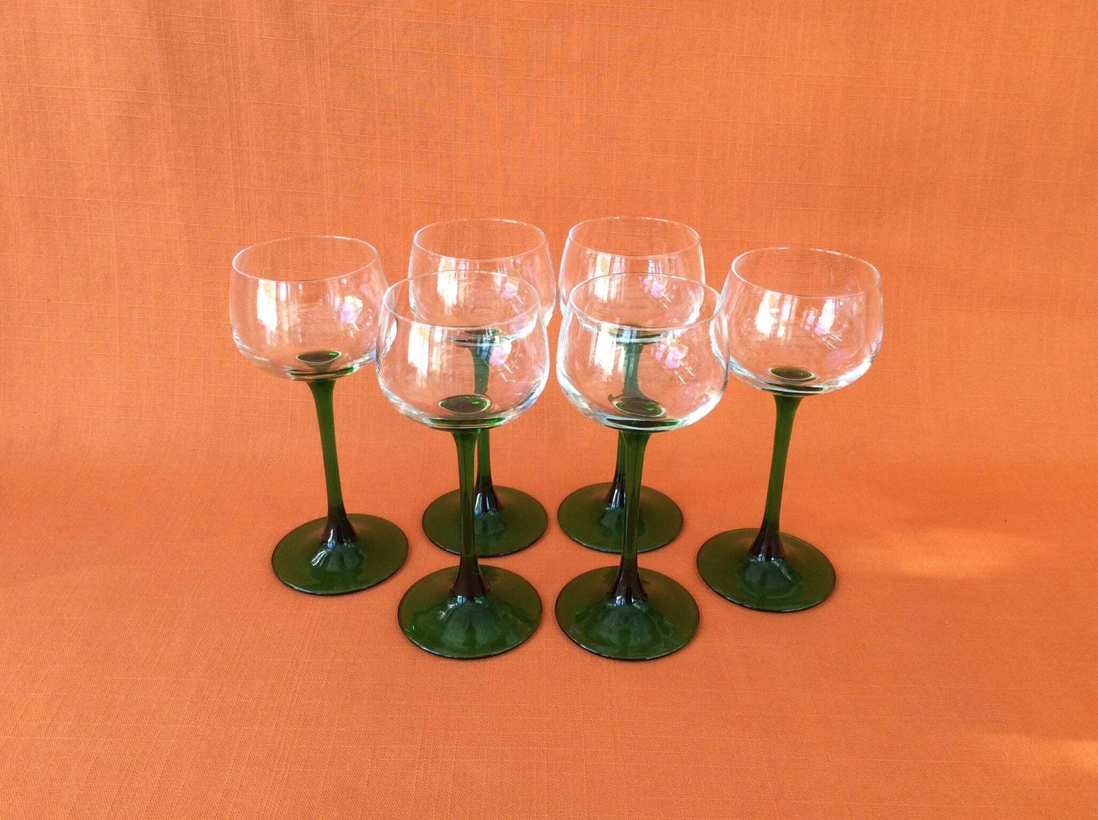 Retro Luminarc Groene Stengelglazen, Hockglazen (Set van 6), Wijnglazen jaren 1970 photo for sale