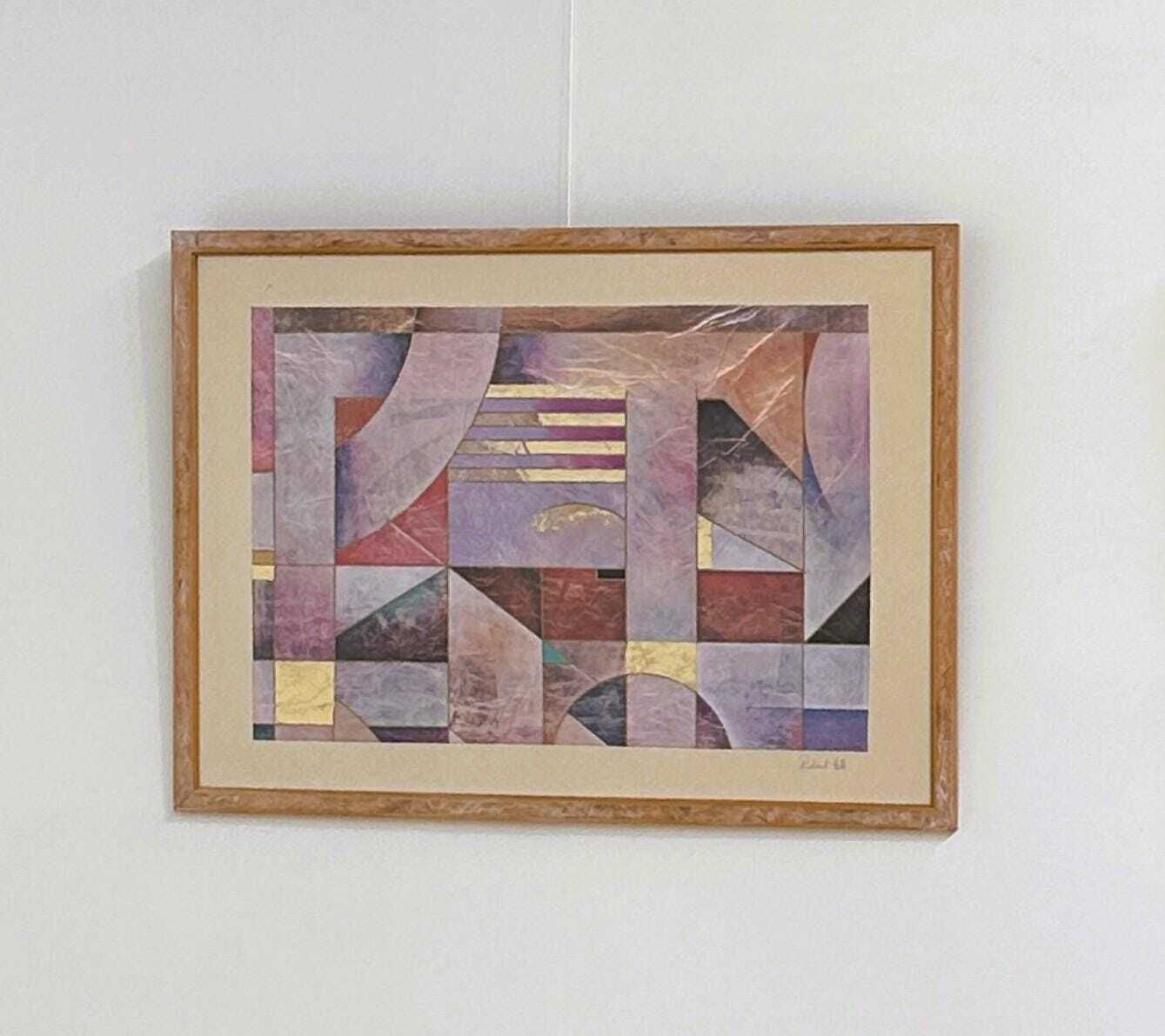 1388.0 Pair Of Large Richard Hall Geometric Abstract Mixed Media Lithographs With Gold Leaf, 1980s photo
