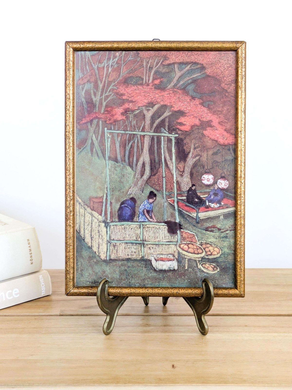 Vintage Oil Pastel Drawing Japonisme Asian Garden Scene 1990 Framed Wall Art Or Gift