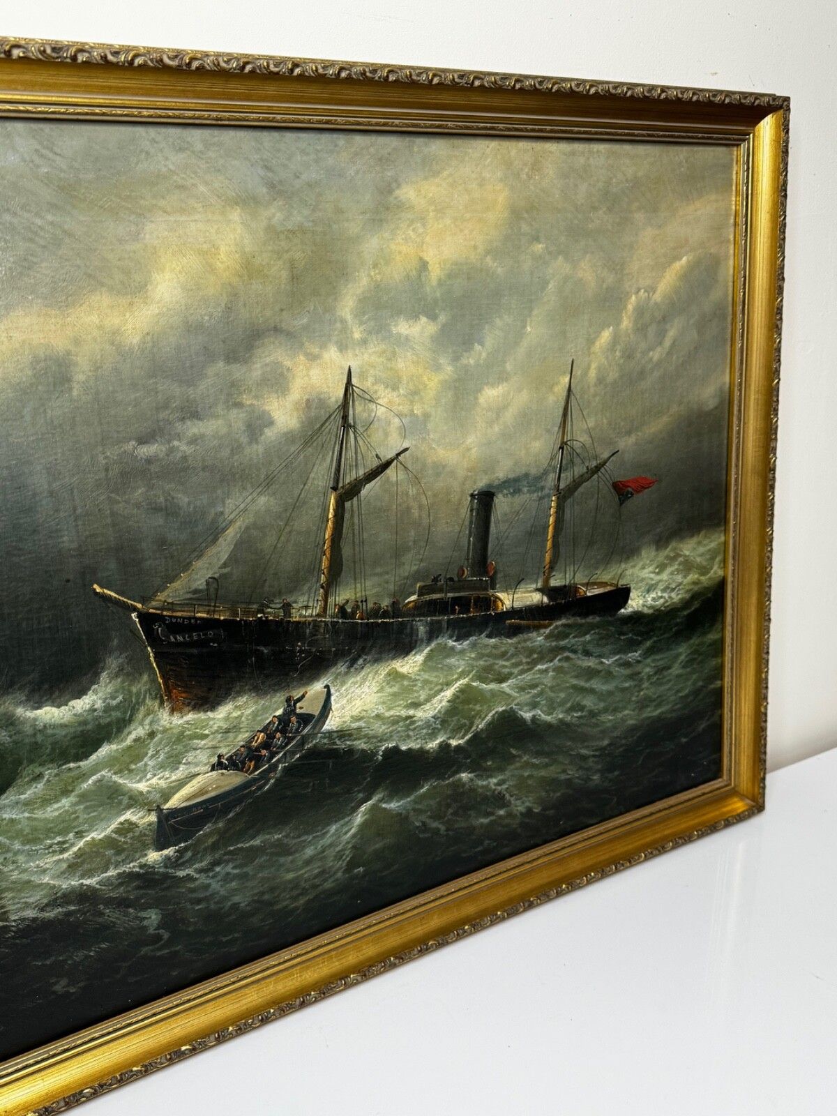 photo for sale Groot Victoriaans maritiem olieschilderij William Broome Dundee Ship RNLI Rescue ca. 1890