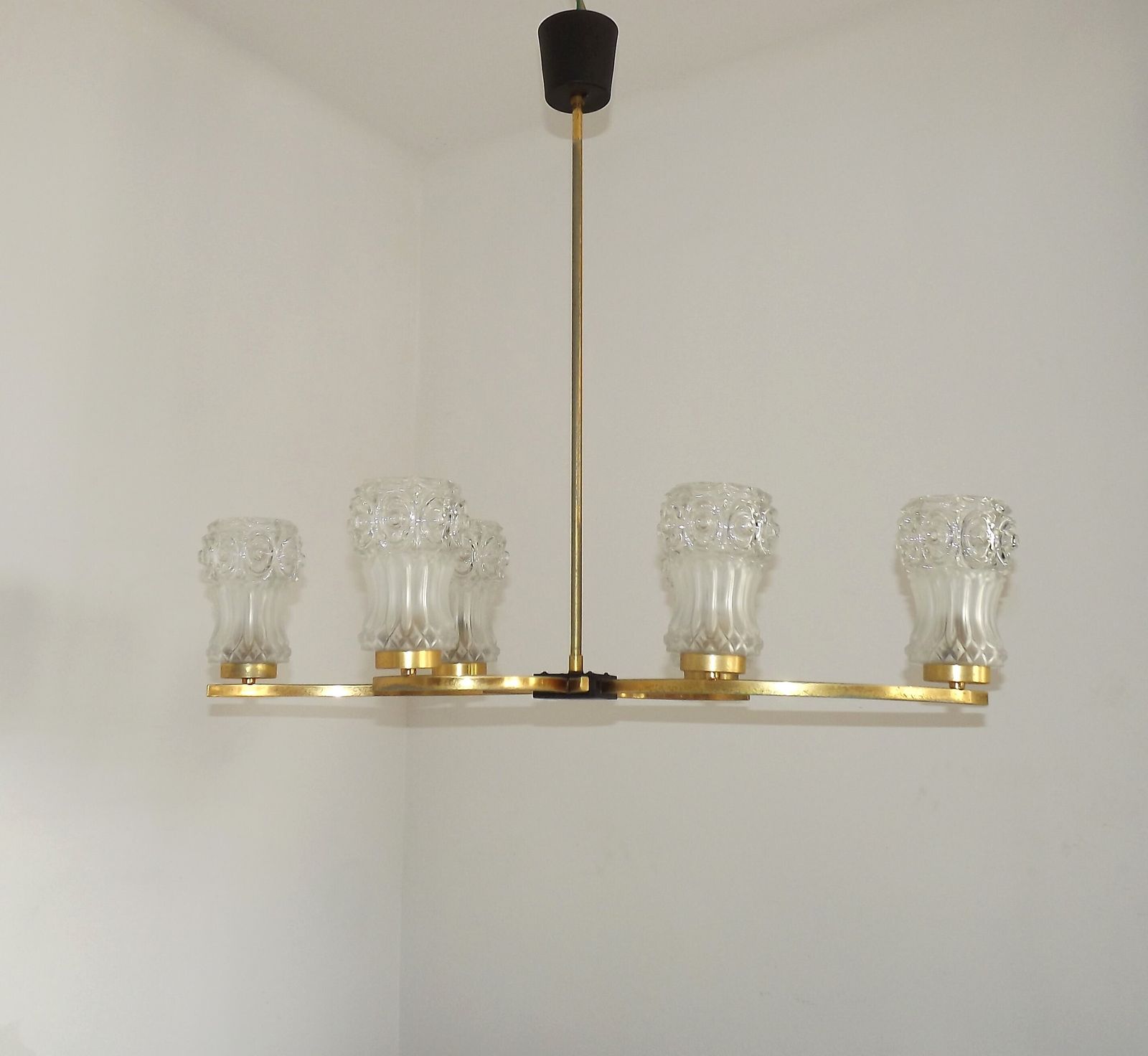 French Retro Mid Century Black & Gold 6 Arm Chandelier Glass Shades photo for sale