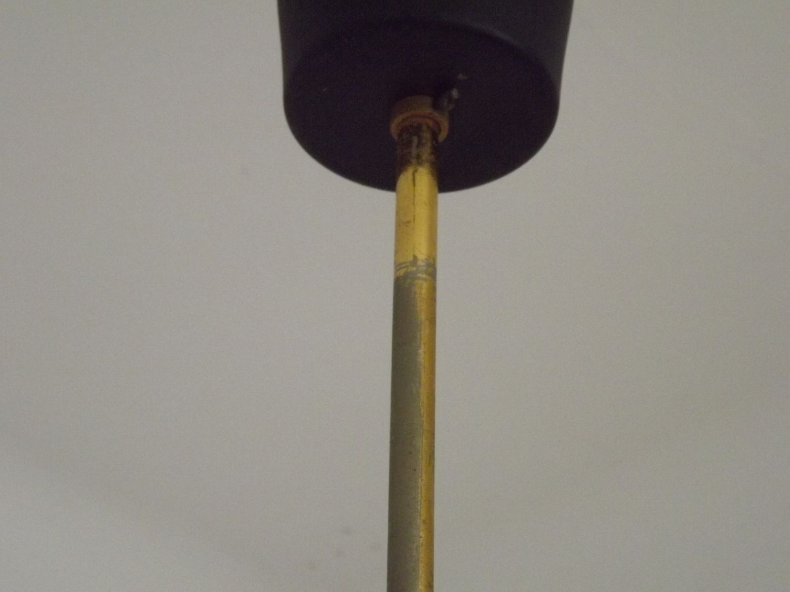 photo for sale French Retro Mid Century Black & Gold 6 Arm Chandelier Glass Shades