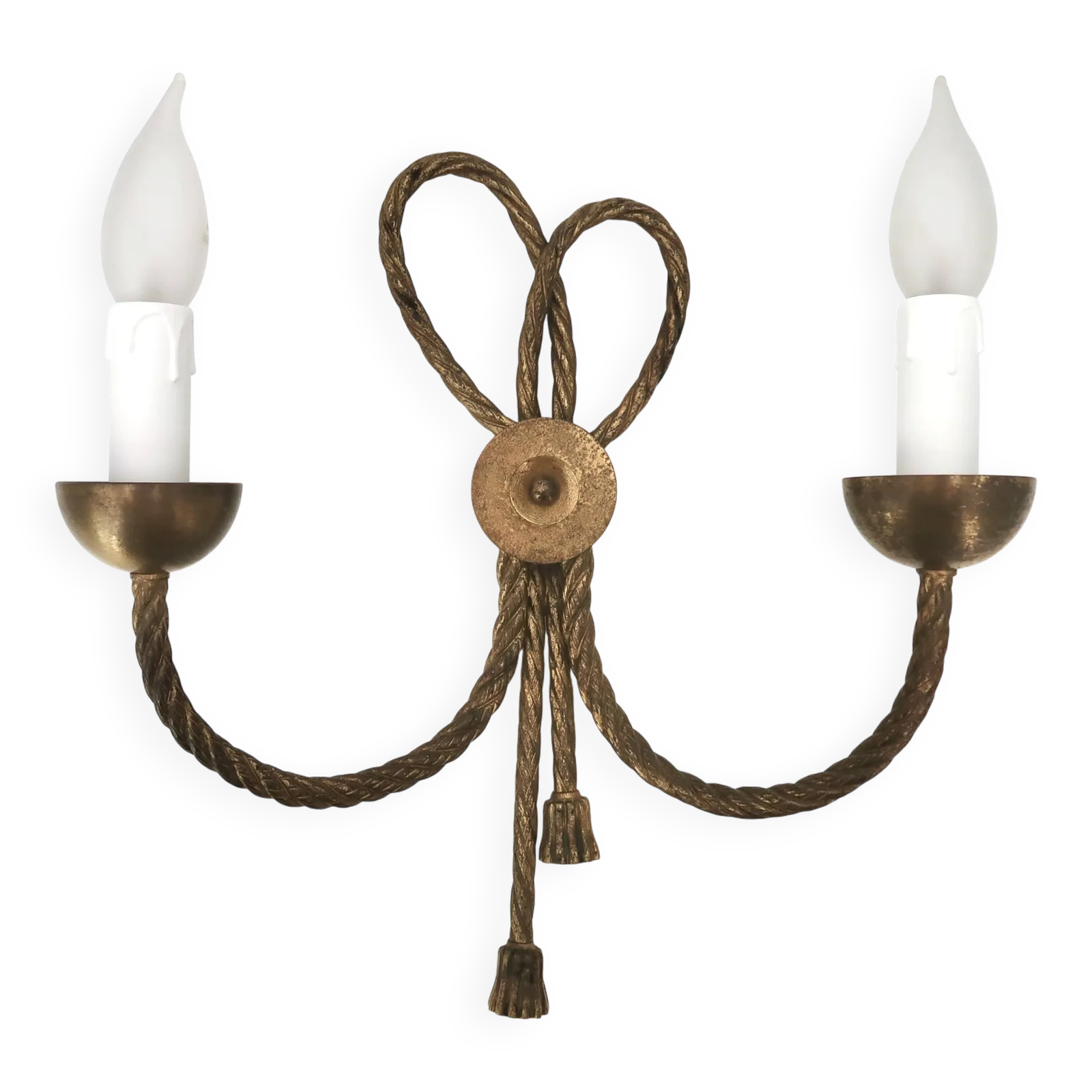 Golden Wall Lamp With Two Arms, Decorated With A Twisted Rope Bow, 1950s.
