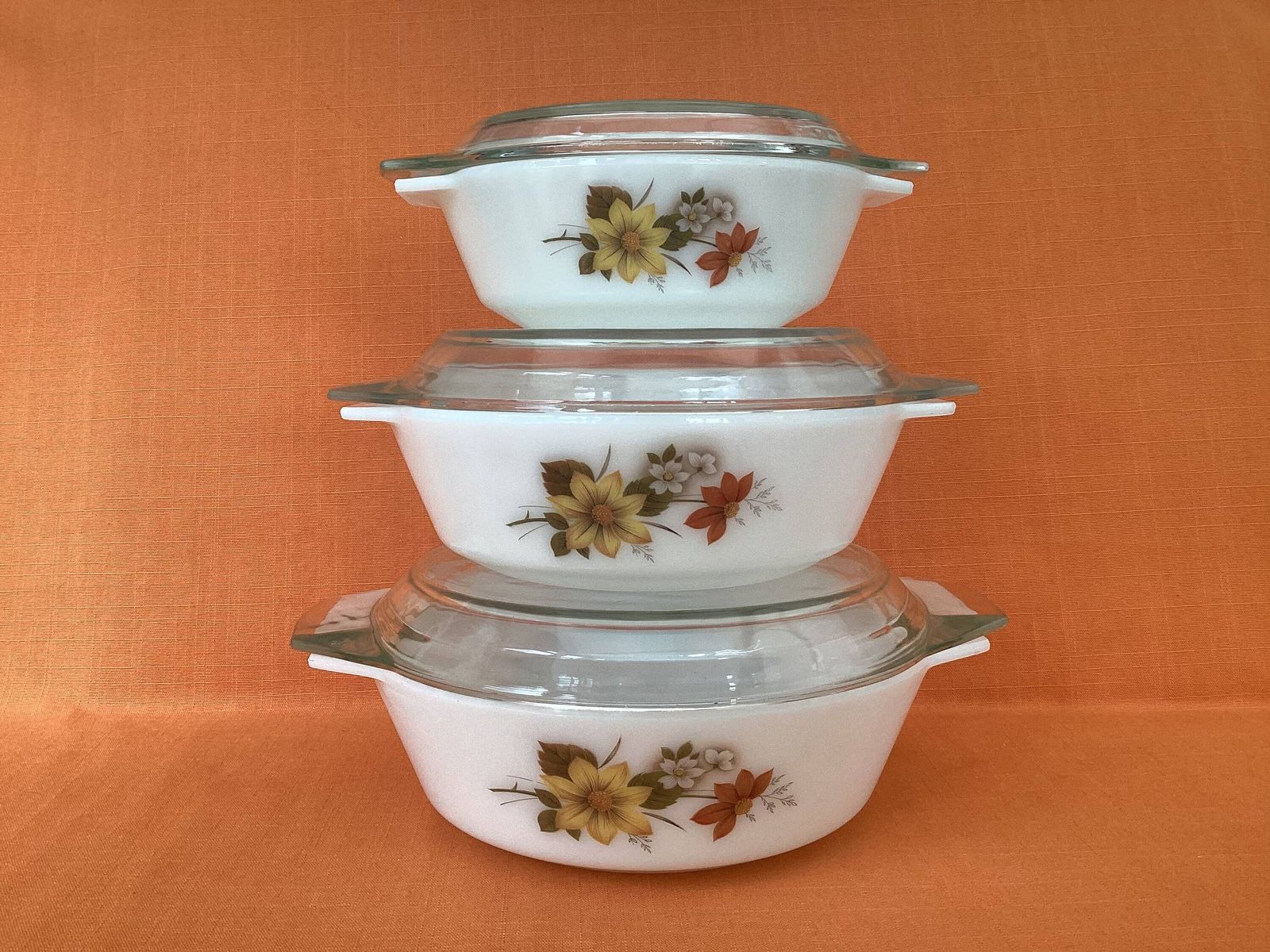 Set van 3 Jaj Pyrex Autumn Glory ovenschalen met deksels, oplopende maten