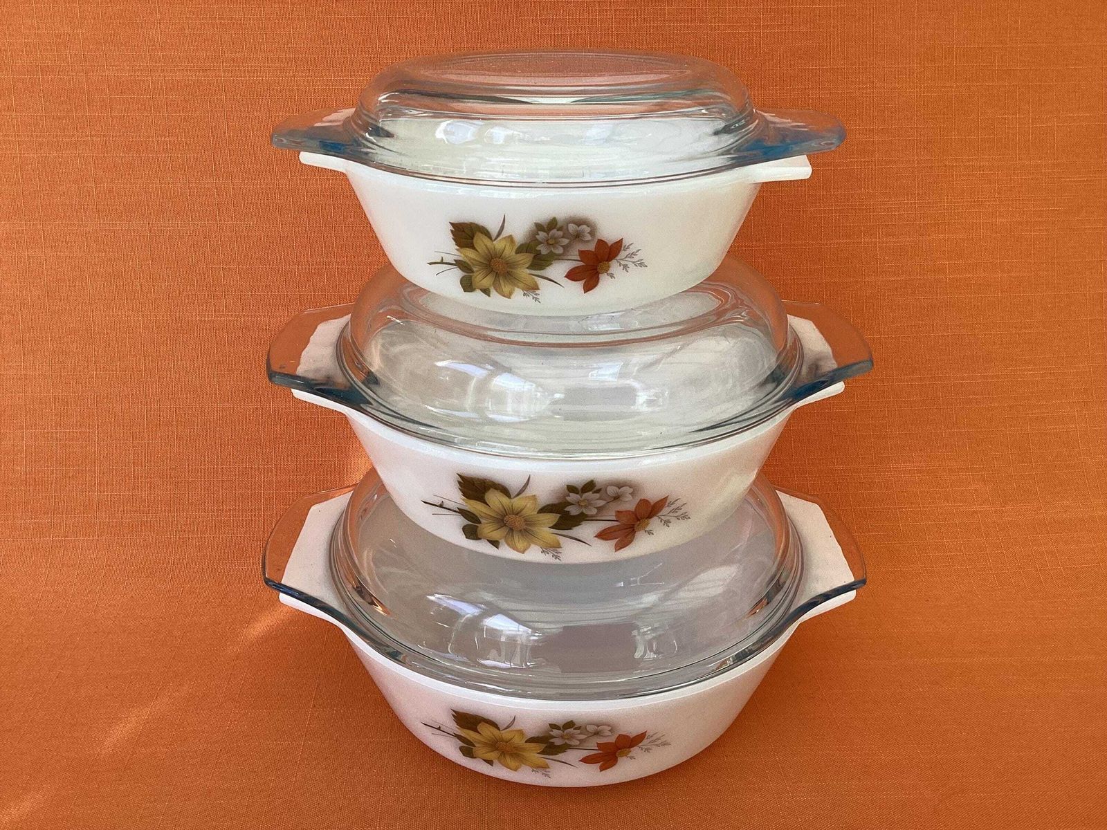 photo vintage Set van 3 Jaj Pyrex Autumn Glory ovenschalen met deksels, oplopende maten