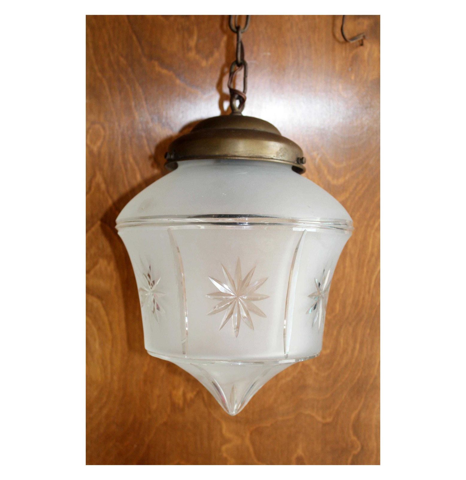 Grande lampe suspension vintage en verre taillé dépoli et laiton, lampe de hall, lampe d'entrée, luminaire suspendu, éclairage, Starburst