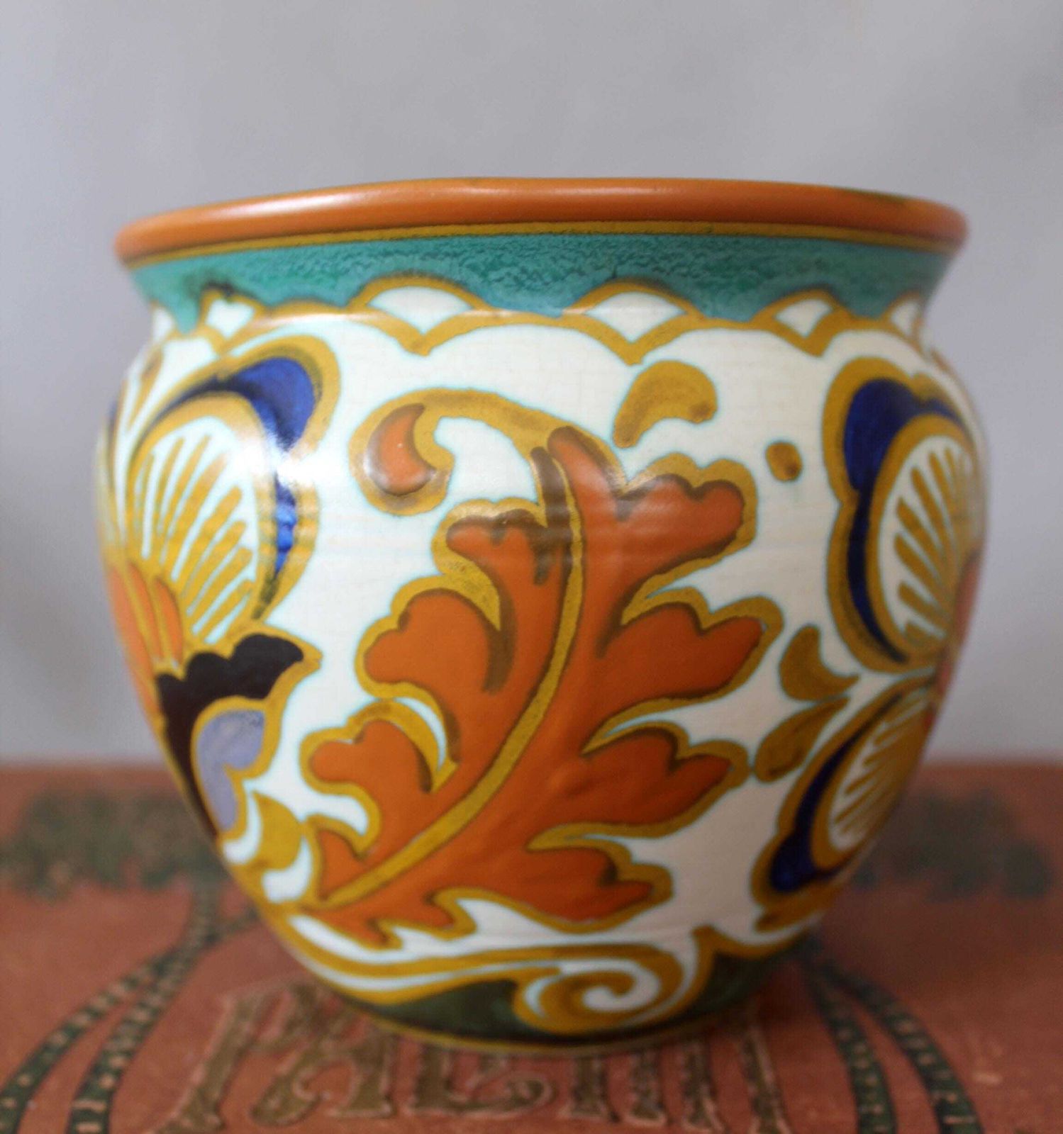 Home Decor Antique Art Deco Circa 1920s Gouda Pzh Holland Art Pottery Bowl, Trudy Model 1312, Planter, Dutch, Signed, Hand Painted, Plateelbakkerij photo