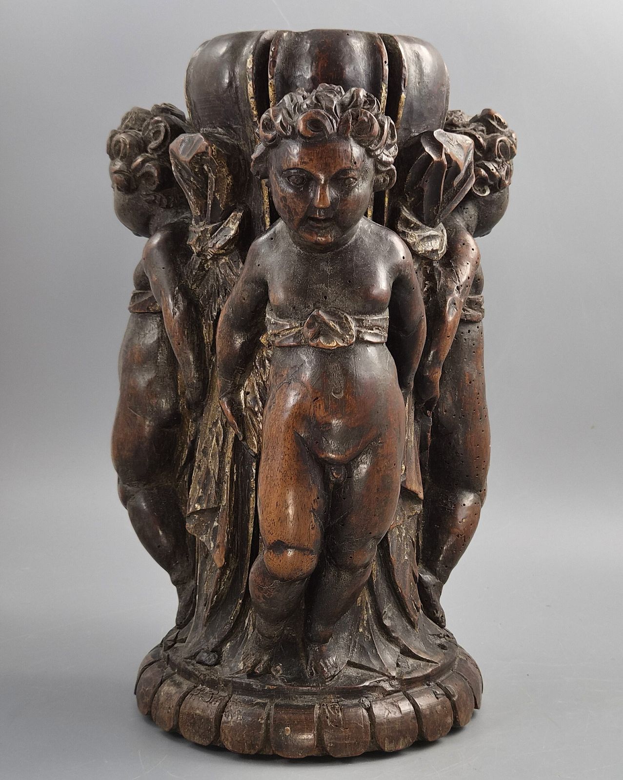 Italian Baroque Carved Walnut Torchiere Base, Three Putti, Venetian, 17th 18th Century photo for sale