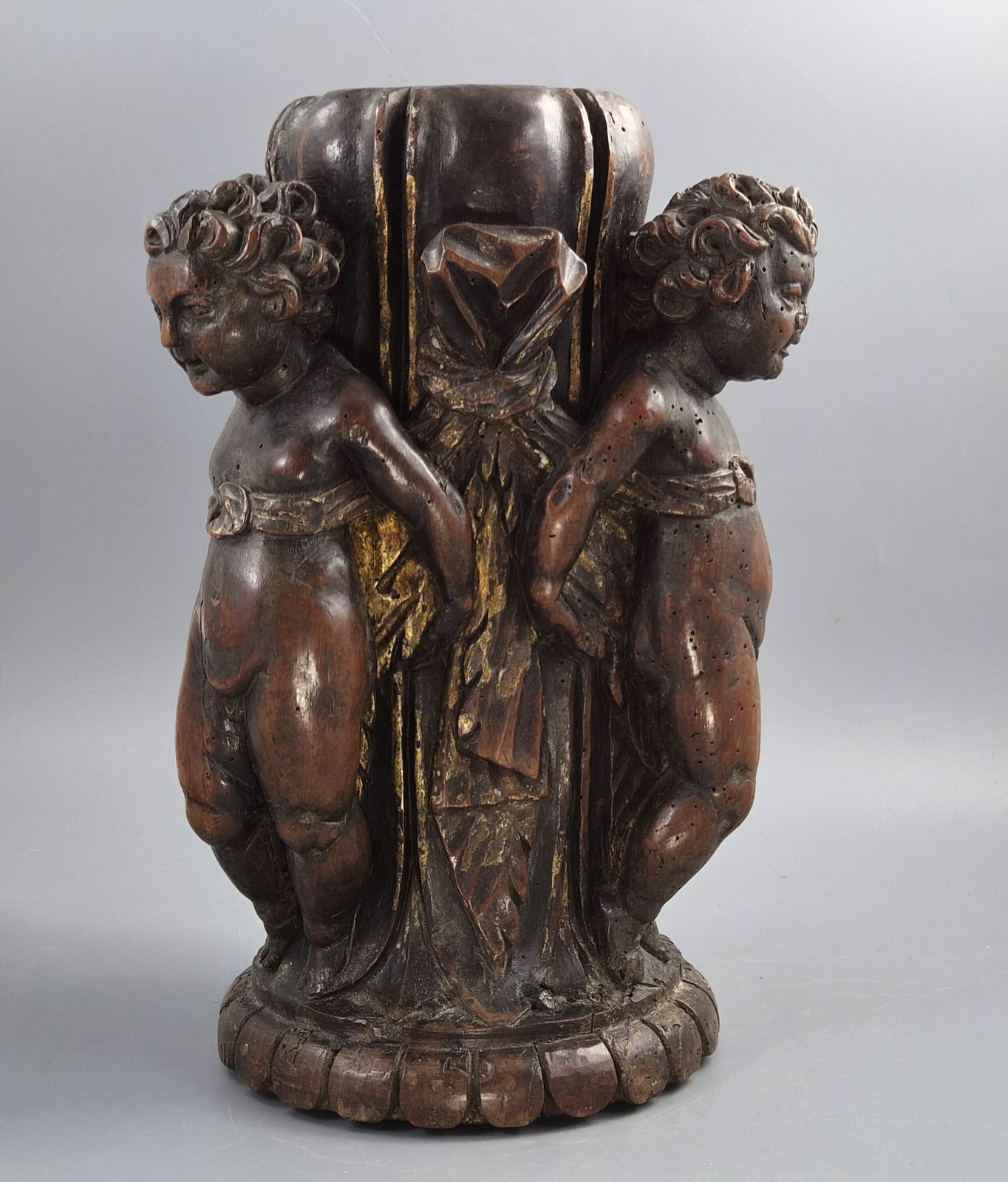 Italian Baroque Carved Walnut Torchiere Base, Three Putti, Venetian, 17th 18th Century photo Art