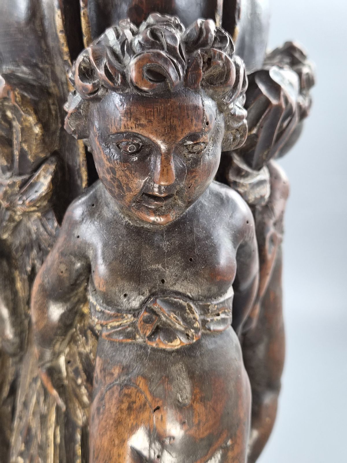 3800.0 Italian Baroque Carved Walnut Torchiere Base, Three Putti, Venetian, 17th 18th Century photo