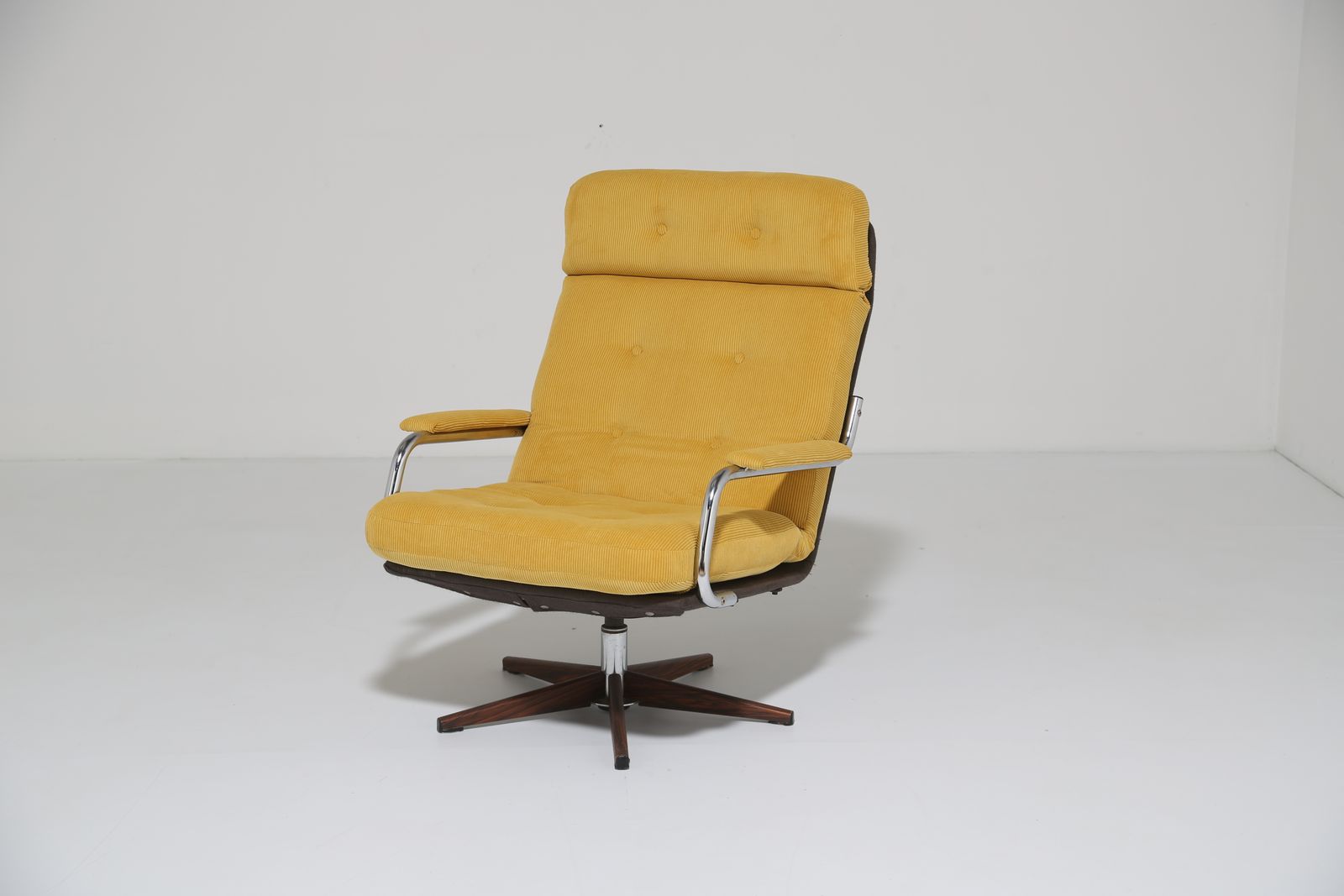 Vintage Danish Swivel Lounge Armchair In Yellow Corduroy, 1970s.
