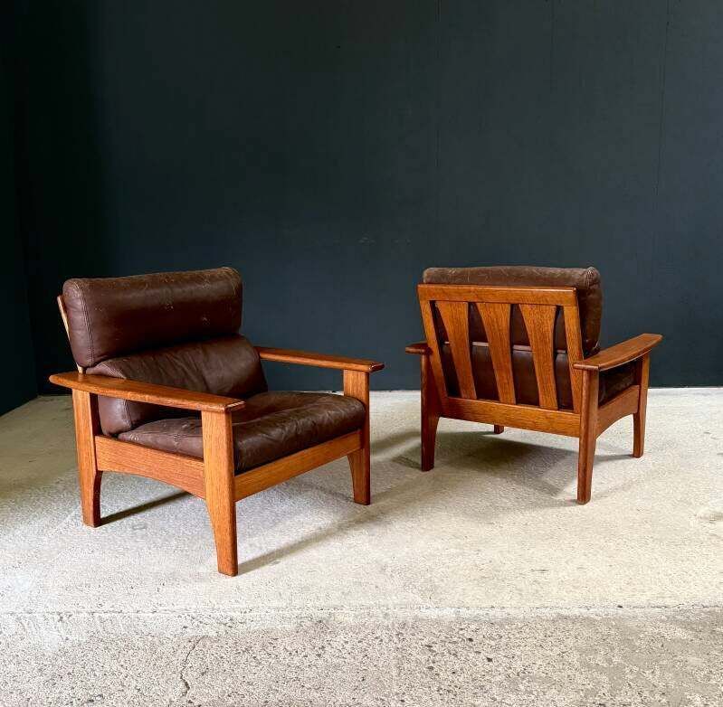 1960's Mid-Century Modern Design Leren Teakhouten Lounge Stoel Set 1