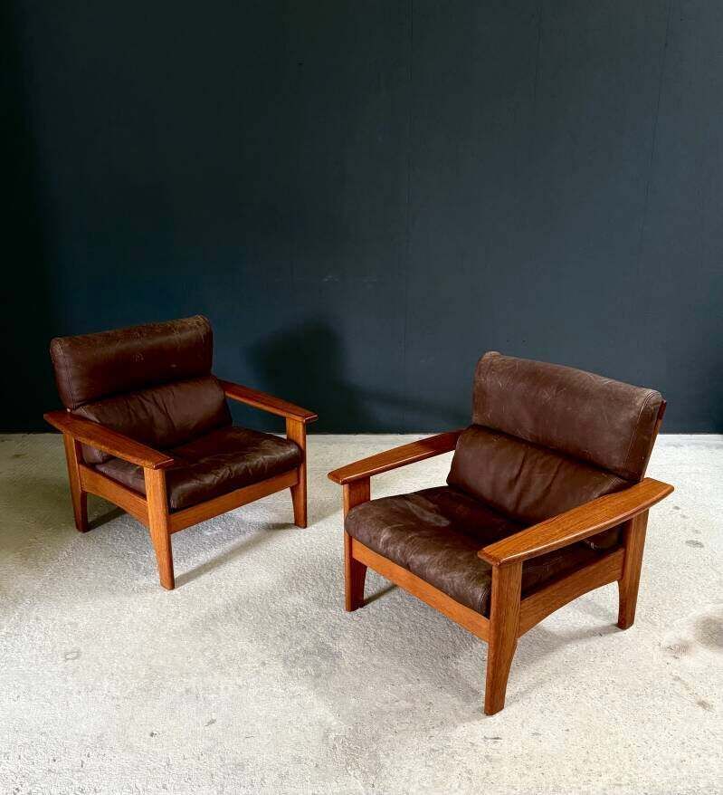 1960's Mid-Century Modern Design Leren Teakhouten Lounge Stoel Set 1 photo for sale
