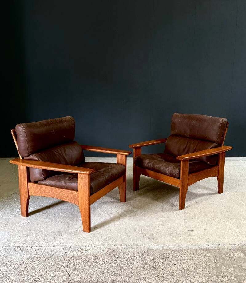 1960's Mid-Century Modern Design Leren Teakhouten Lounge Stoel Set 1 photo Meubels