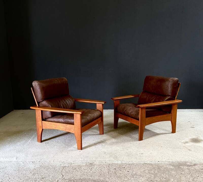 1960's Mid-Century Modern Design Leren Teakhouten Lounge Stoel Set 2 photo for sale