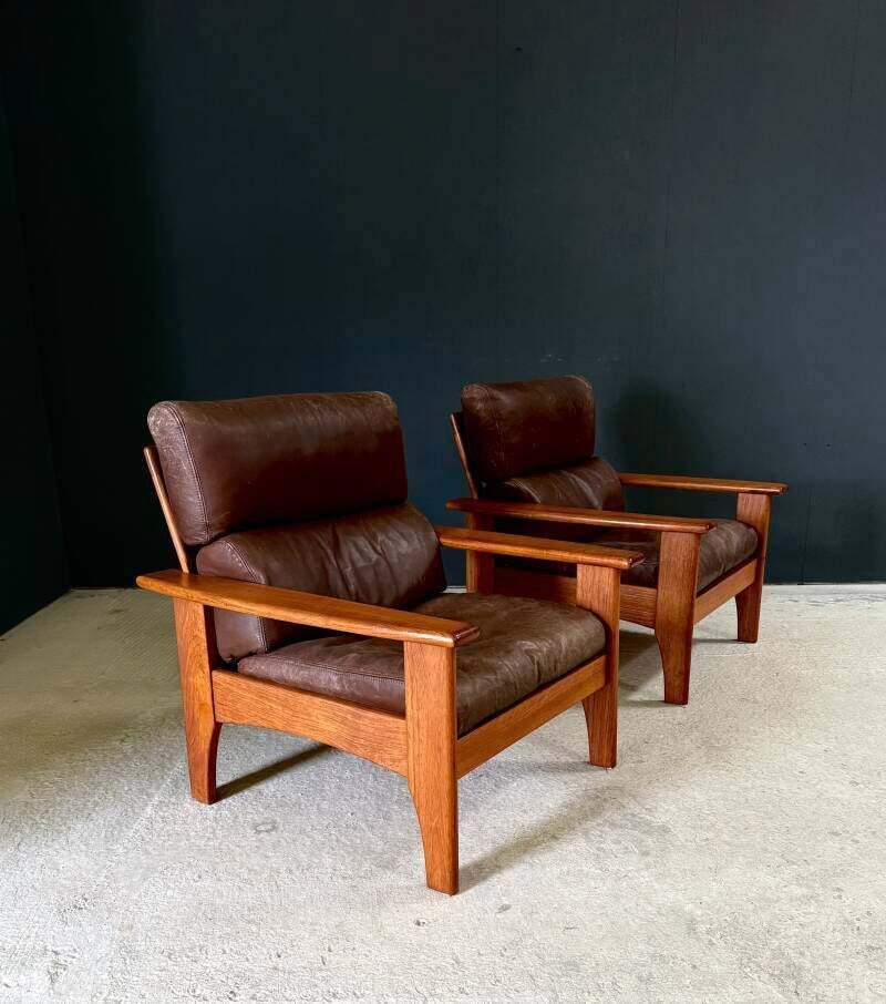 1960's Mid-Century Modern Design Leren Teakhouten Lounge Stoel Set 2 photo Meubels