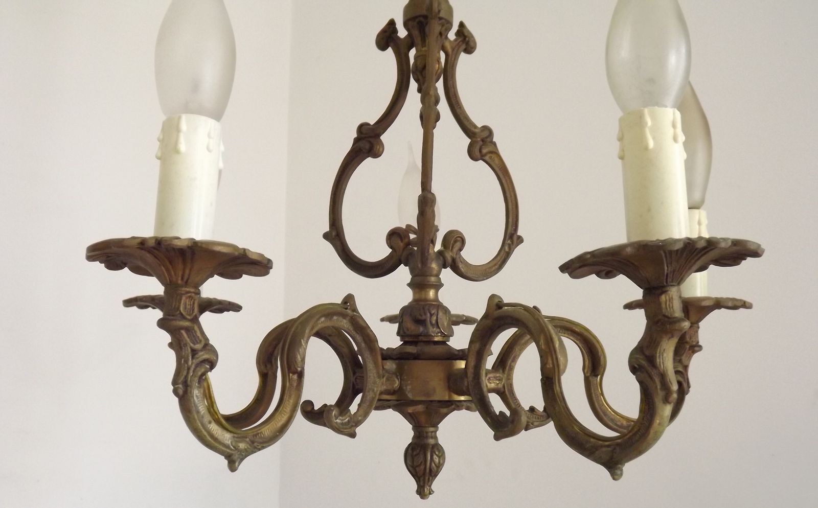 photo for sale Elegant French Antique Bronze 5 Light 3 Sided Cage Style Chandelier