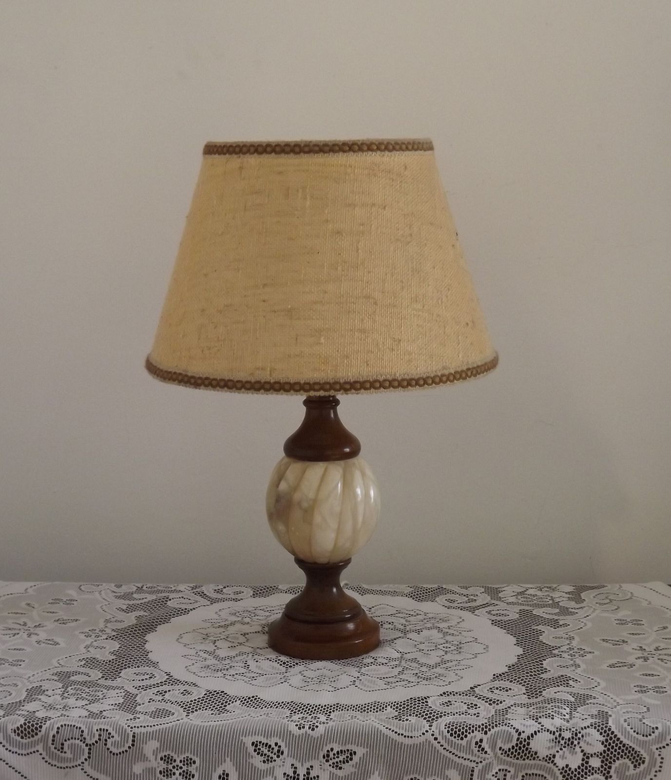 Large Vintage French Alabaster/Marble & Wood Table Lamp Fabric Shade