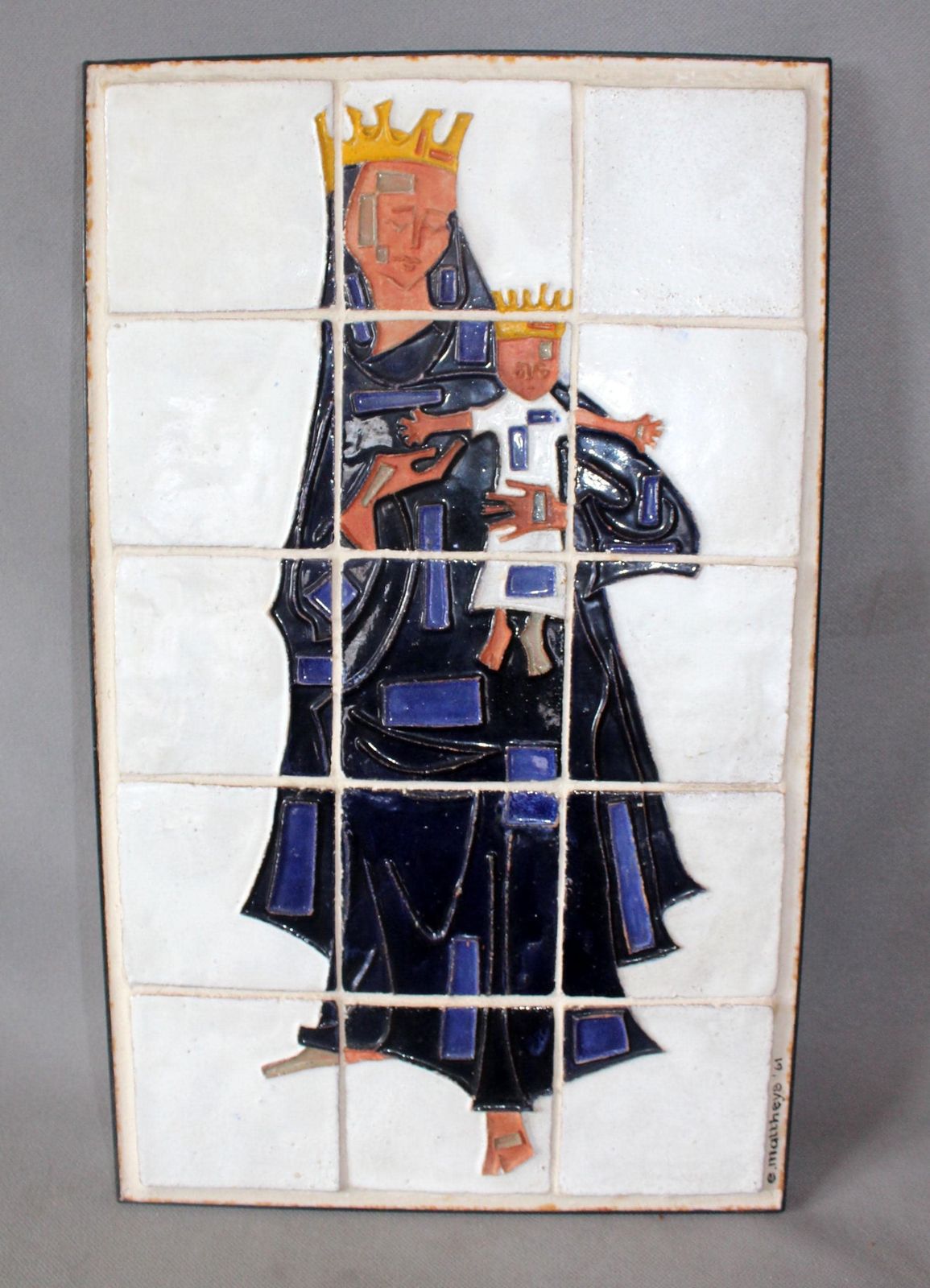Large Vintage 1960s Stylized Ceramic Tile Art, Madonna And Child, Signed Mattheys, Studio Art, Relief Glazed, Abstract, Metal Frame photo furniture