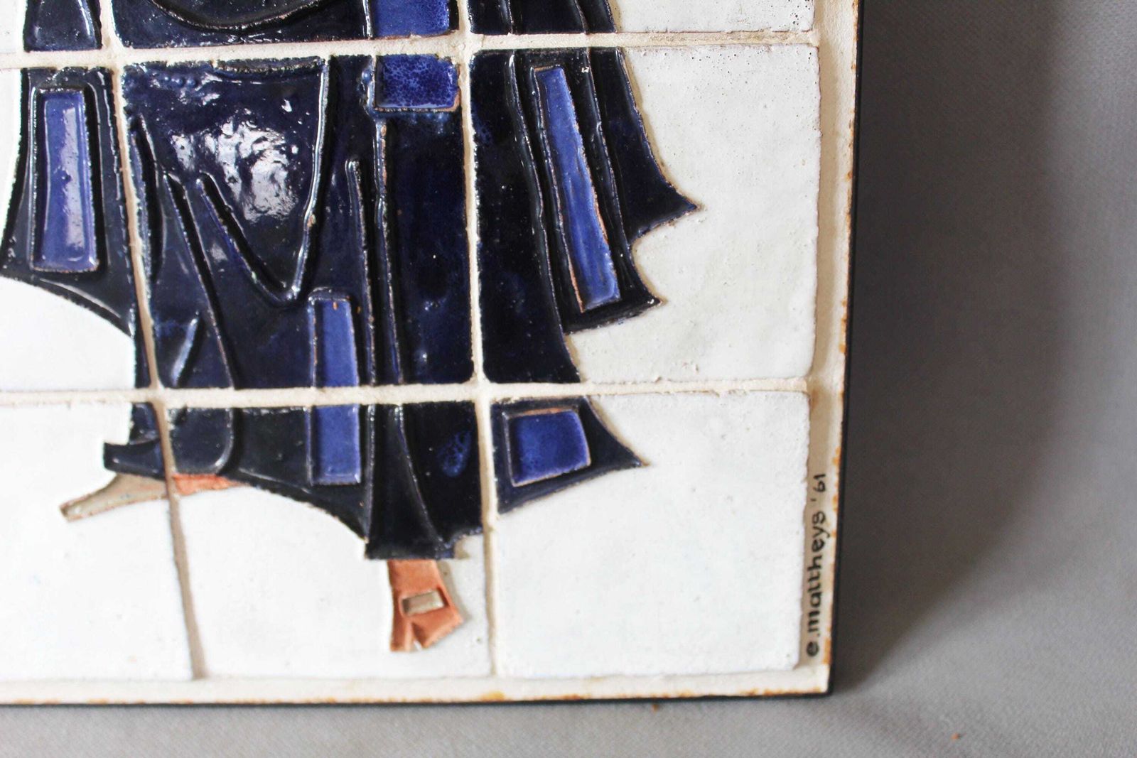 Large Vintage 1960s Stylized Ceramic Tile Art, Madonna And Child, Signed Mattheys, Studio Art, Relief Glazed, Abstract, Metal Frame photo vintage