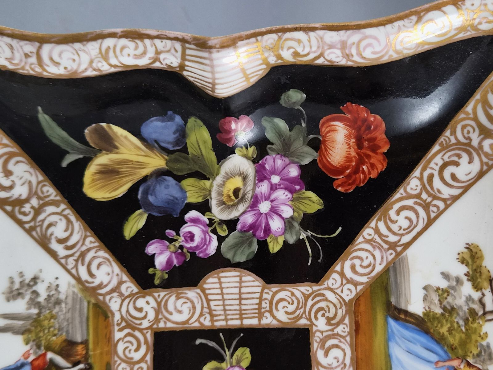 Meissen Porcelain Square Dish, Watteau Scenes And Black Ground, C.1850 1870 photo for sale