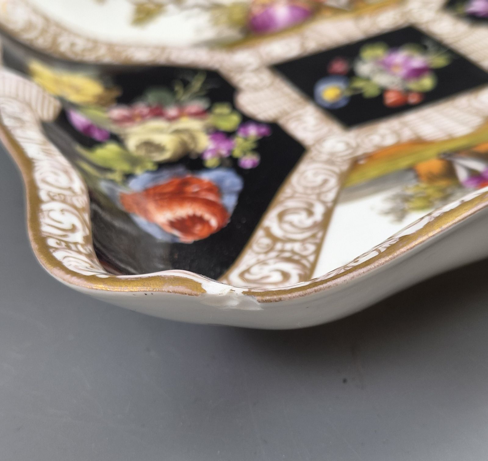 400.0 Meissen Porcelain Square Dish, Watteau Scenes And Black Ground, C.1850 1870 photo