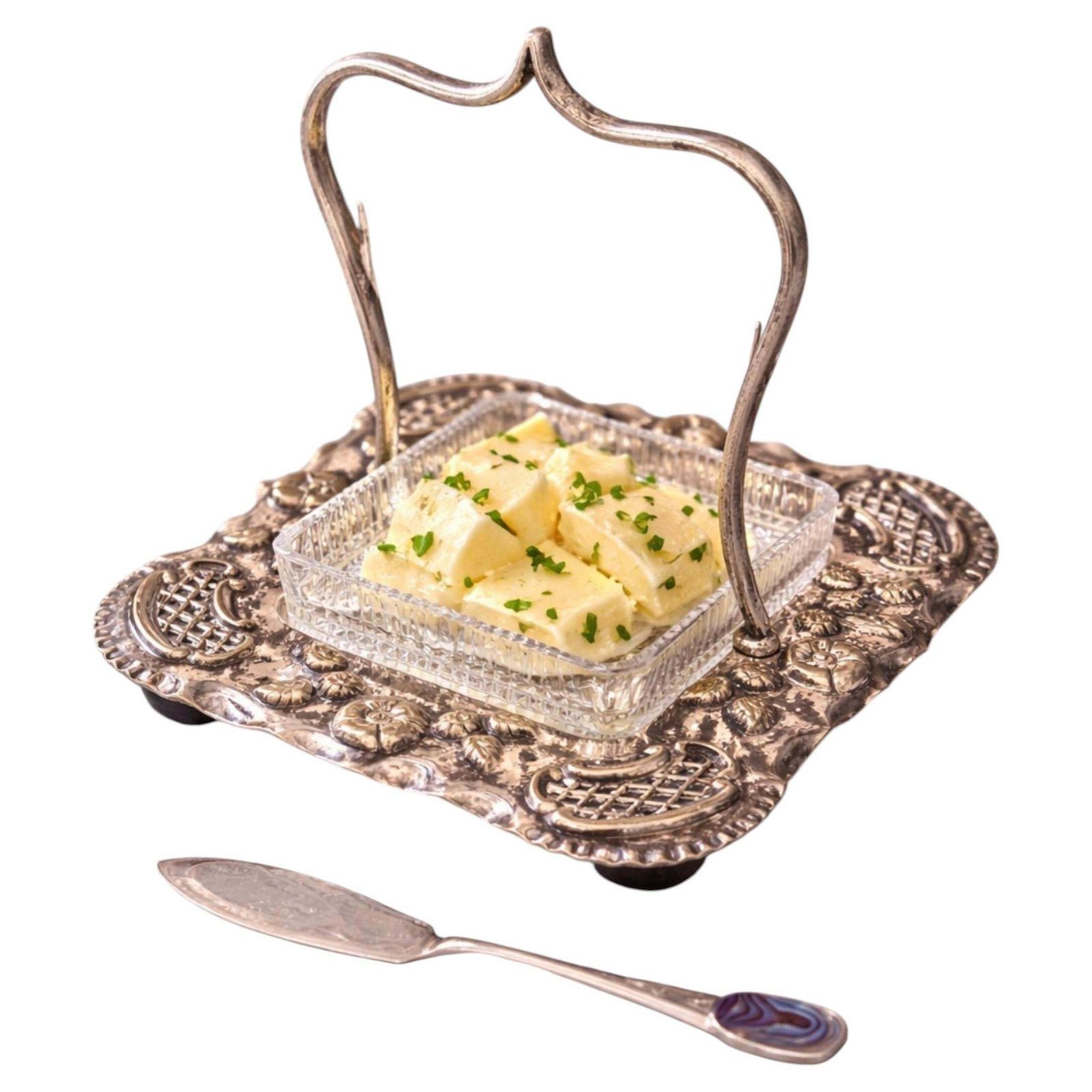 Art Deco Silver Plated Butter Dish With Cut Glass Crystal Butter Dish & Knife