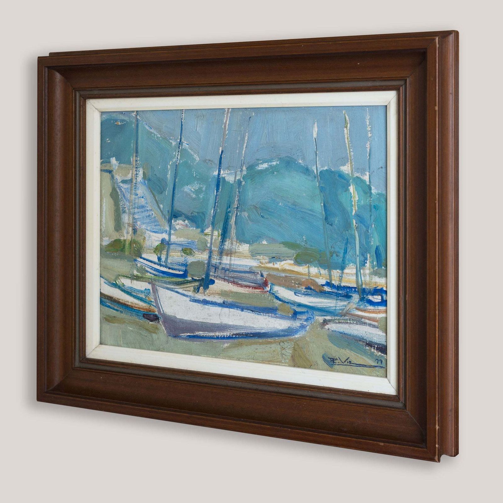 Mid Century olieverfschets van boten in een haven, gesigneerd photo furniture