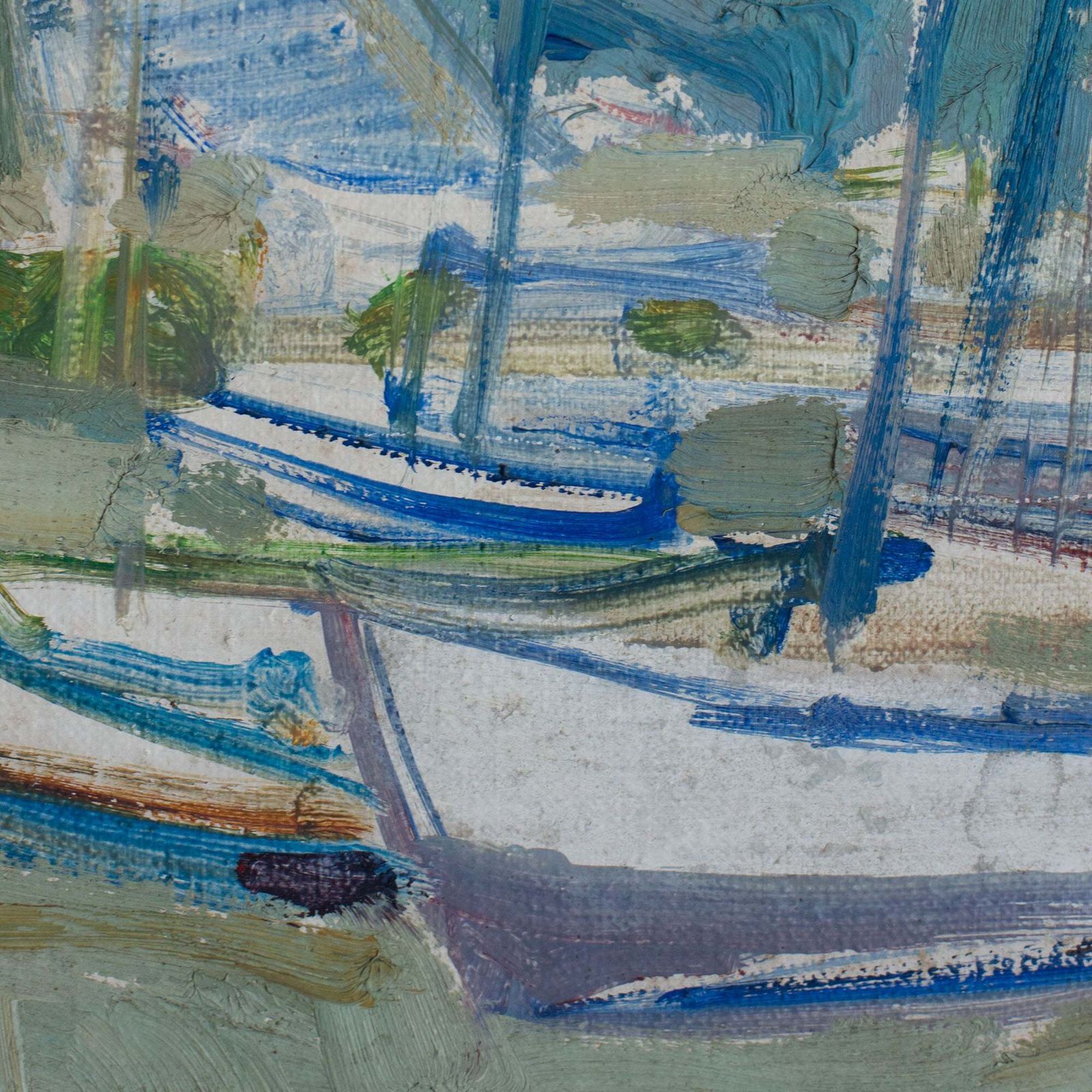 Mid Century olieverfschets van boten in een haven, gesigneerd photo Kunst