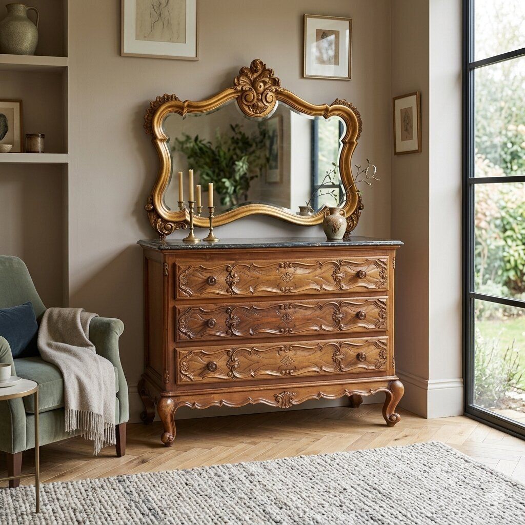 Barokstijl Walnoten Dressoir Met Verguld Spiegelframe photo furniture