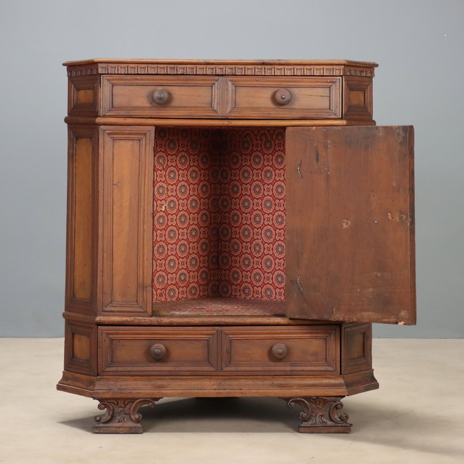 Baroque Corner Cupboard Walnut Carvings Italy XX Century photo for sale