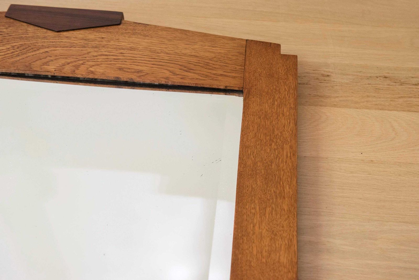 photo for sale Antique Art Deco Oak Mirror – Large Geometric Amsterdam School Wall Mirror – Dutch 1920s