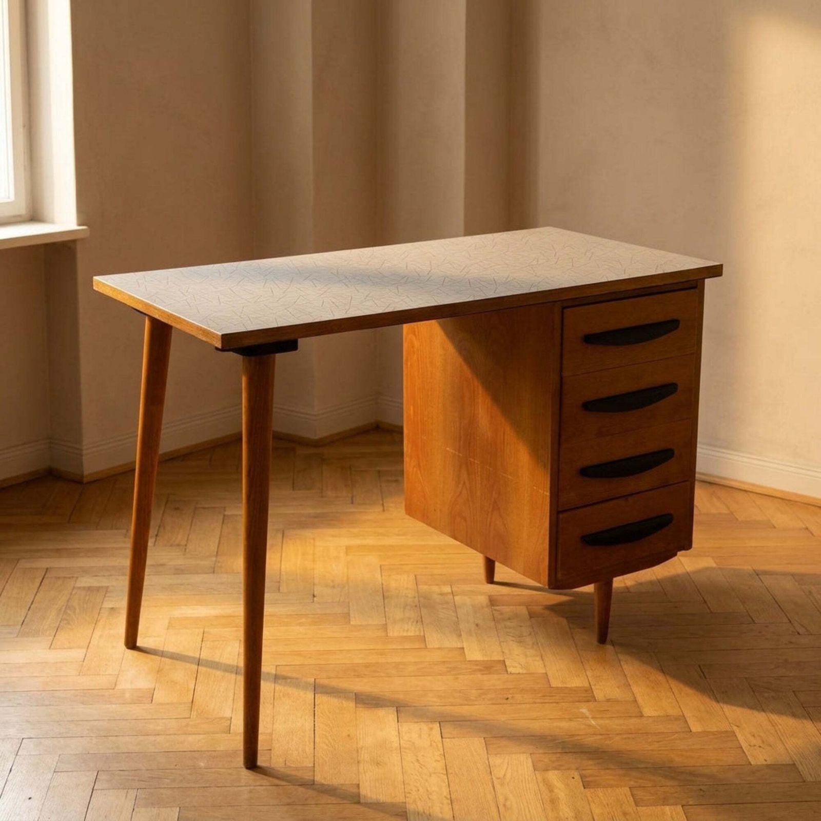 Schrijftafel mid-century houten bureau met vier lades, 109 × 56 × 79 cm