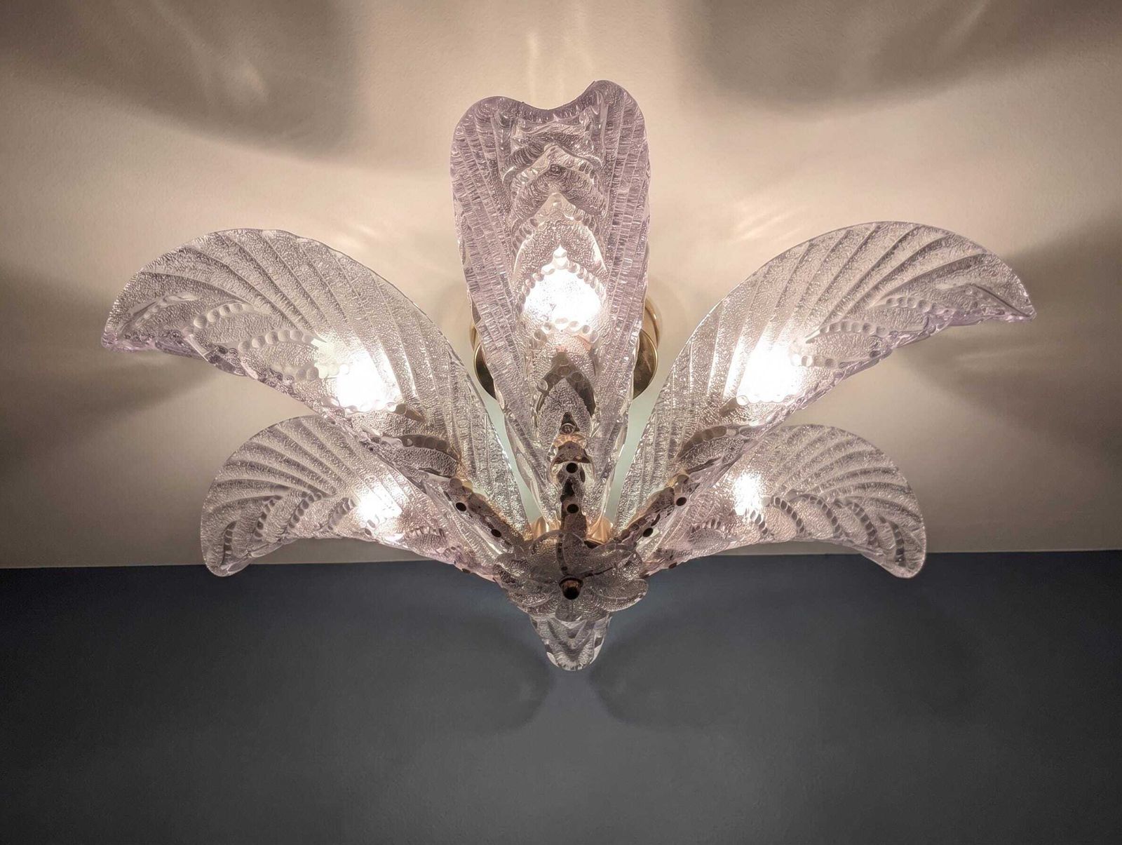 Grand plafonnier Mazzega en verre de Murano, feuilles de palmier, Art déco, Italie, années 1960 photo vinterior